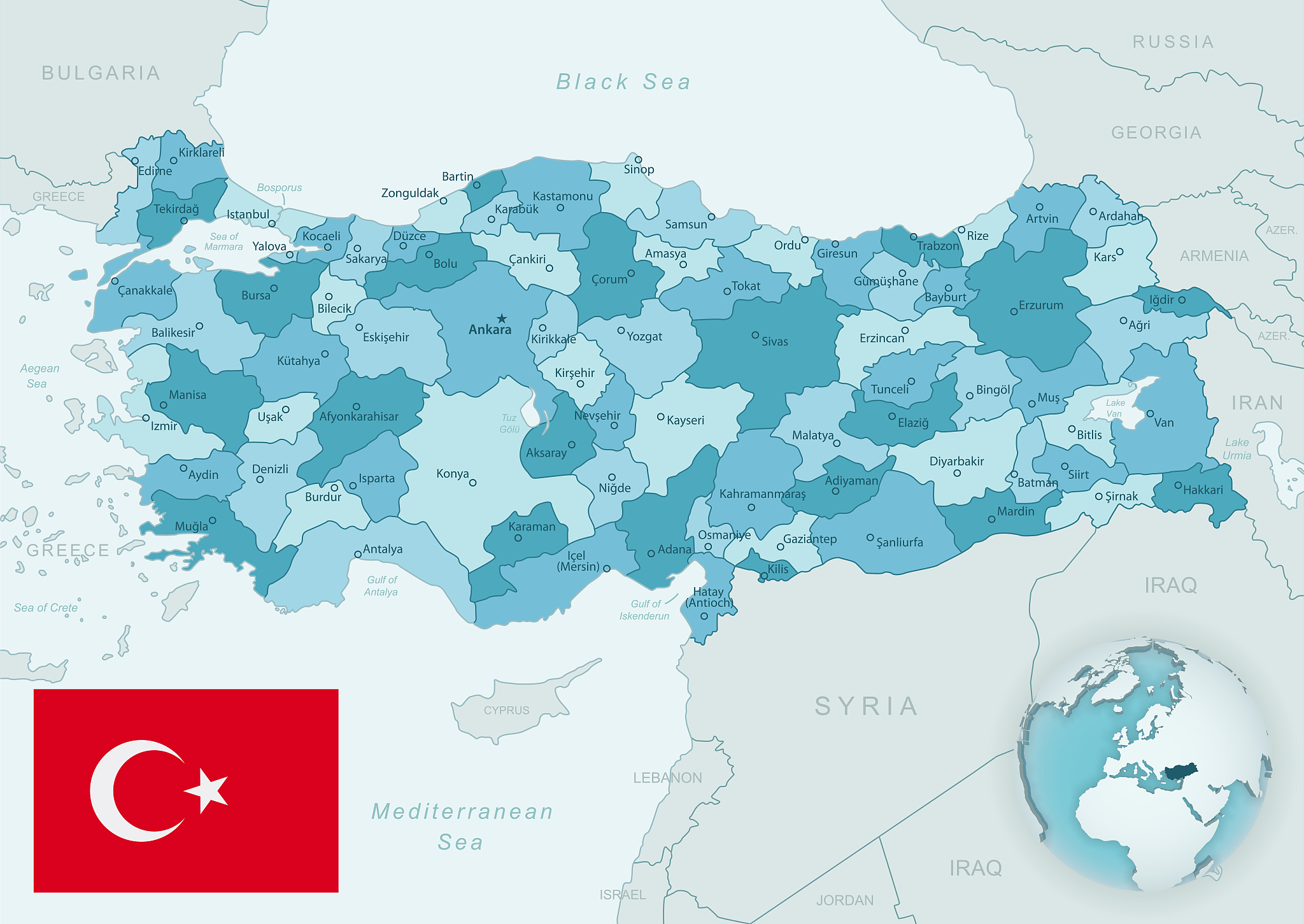 blue-green detailed map of turkey and administrative divisions w