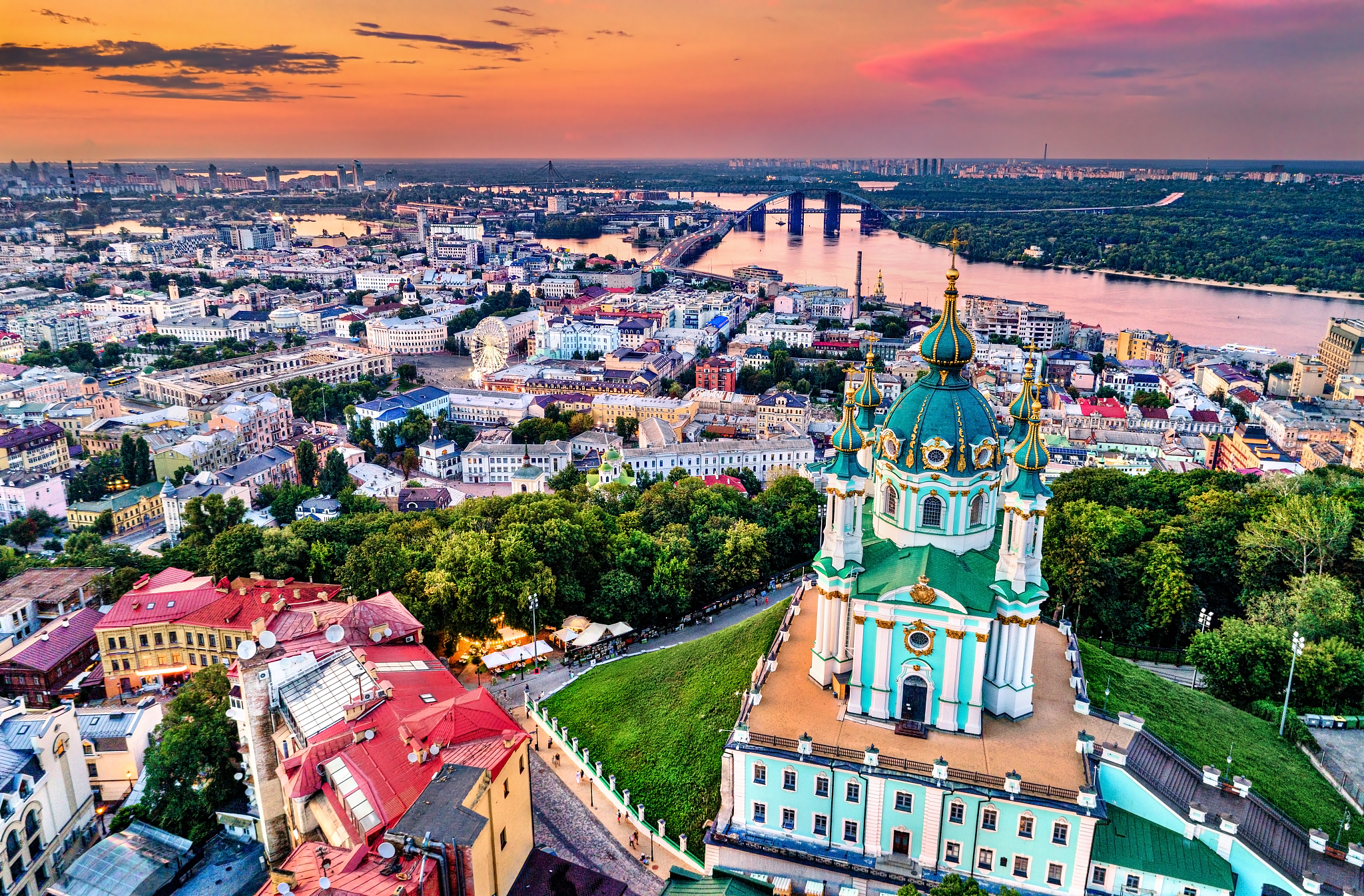 saint andrew church and podil in kiev, ukraine