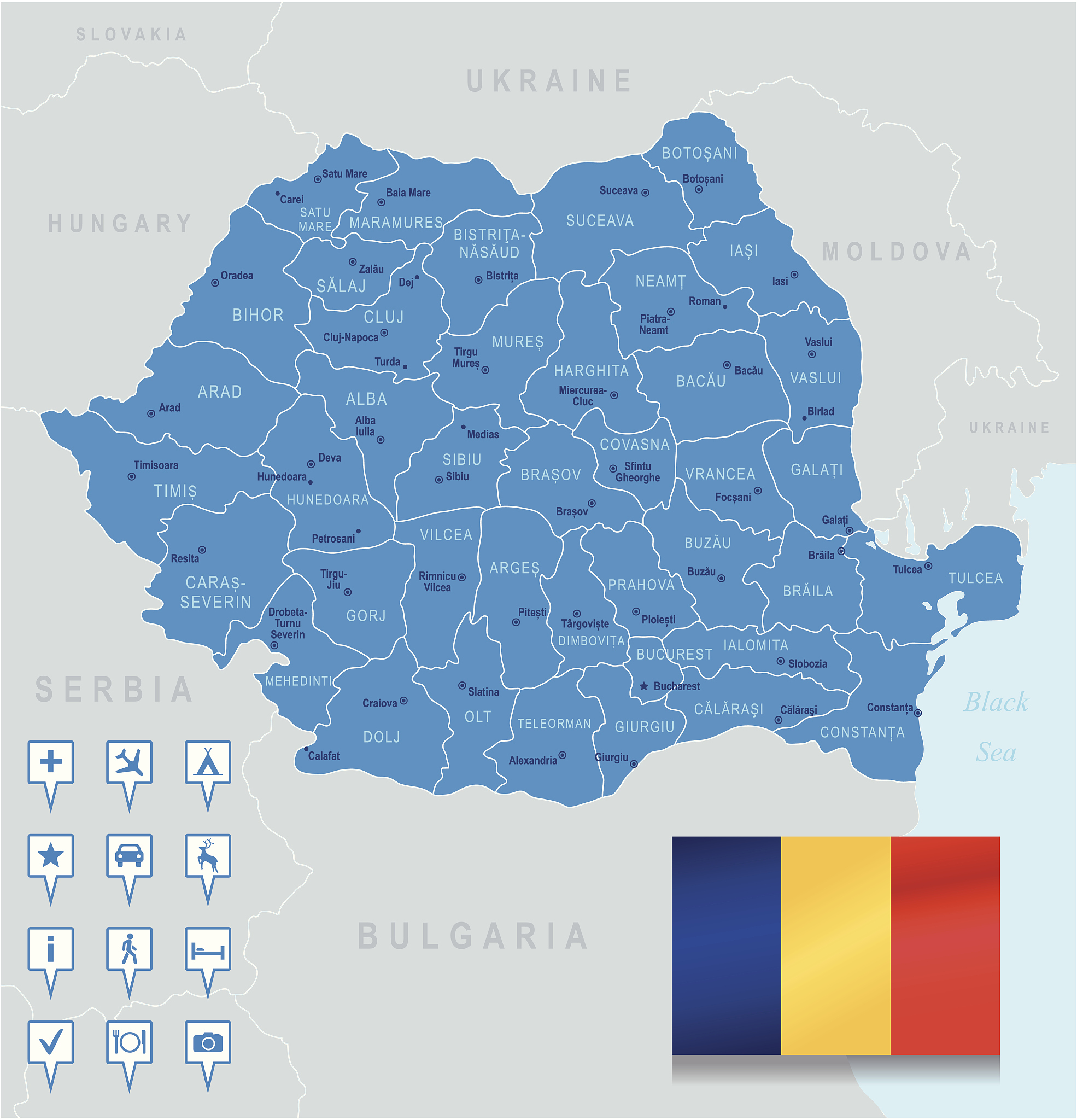 map of romania - states, cities, flag, navigation icons