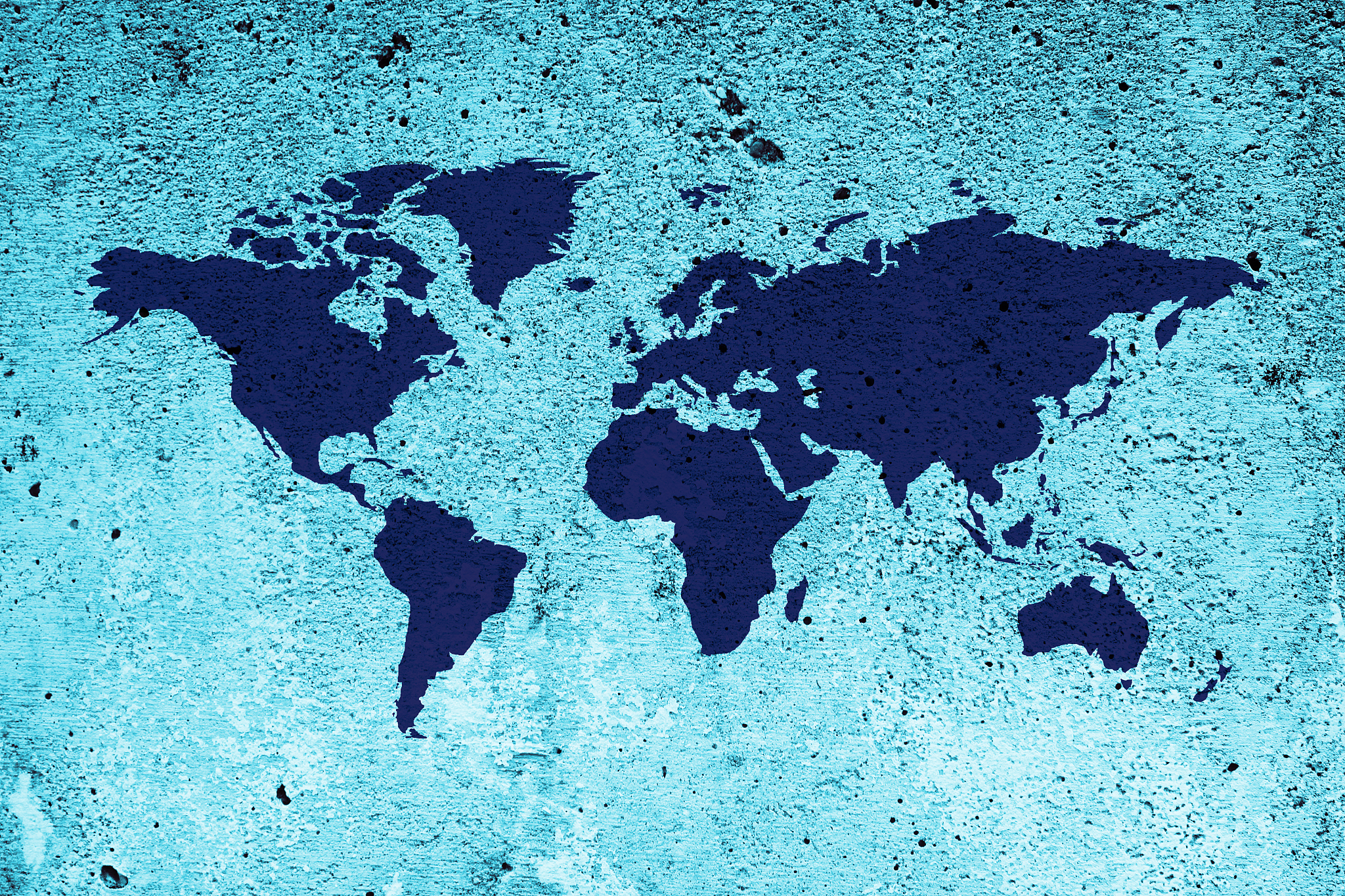 blue world map on grunge wall background