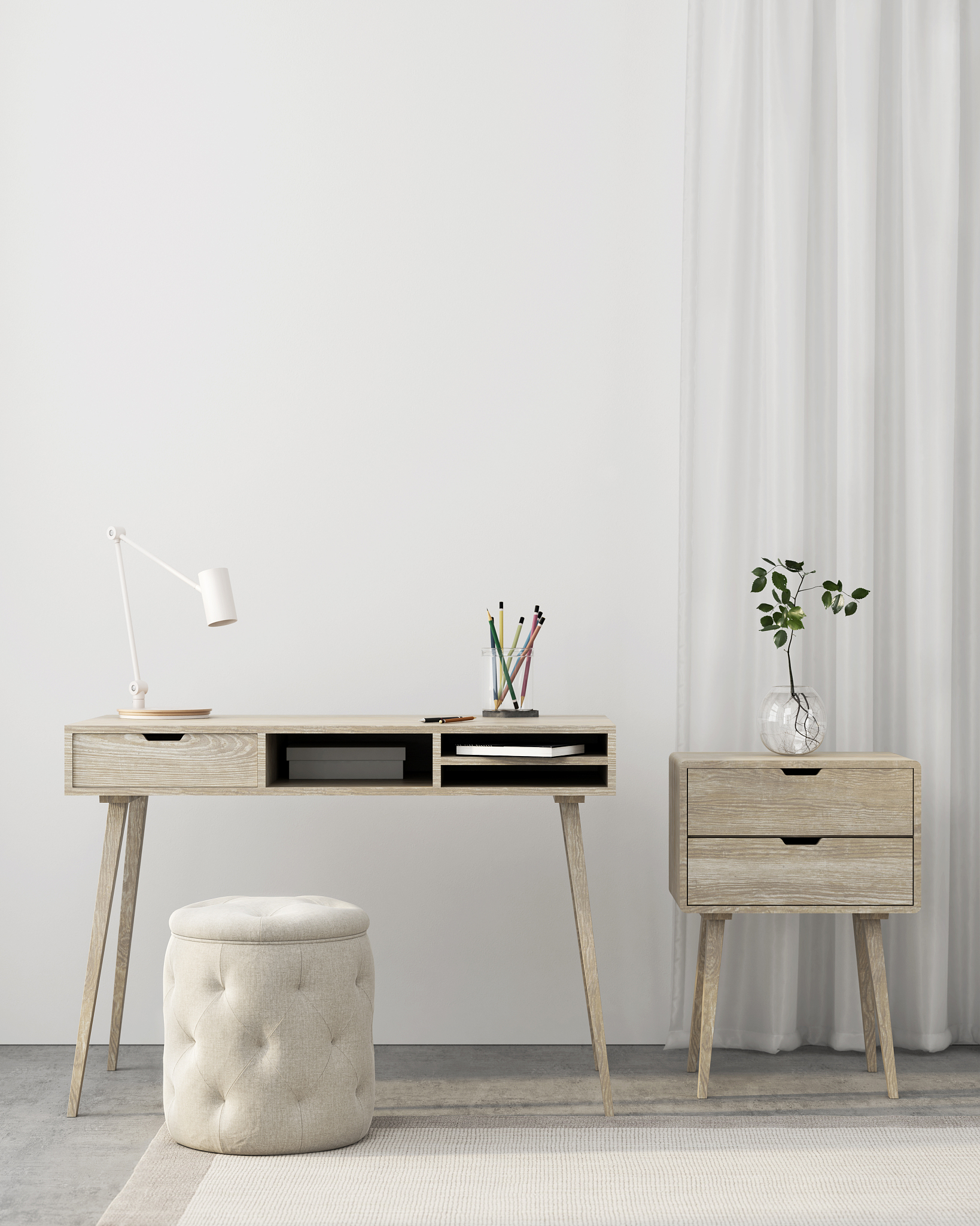 workplace interior with wooden furniture