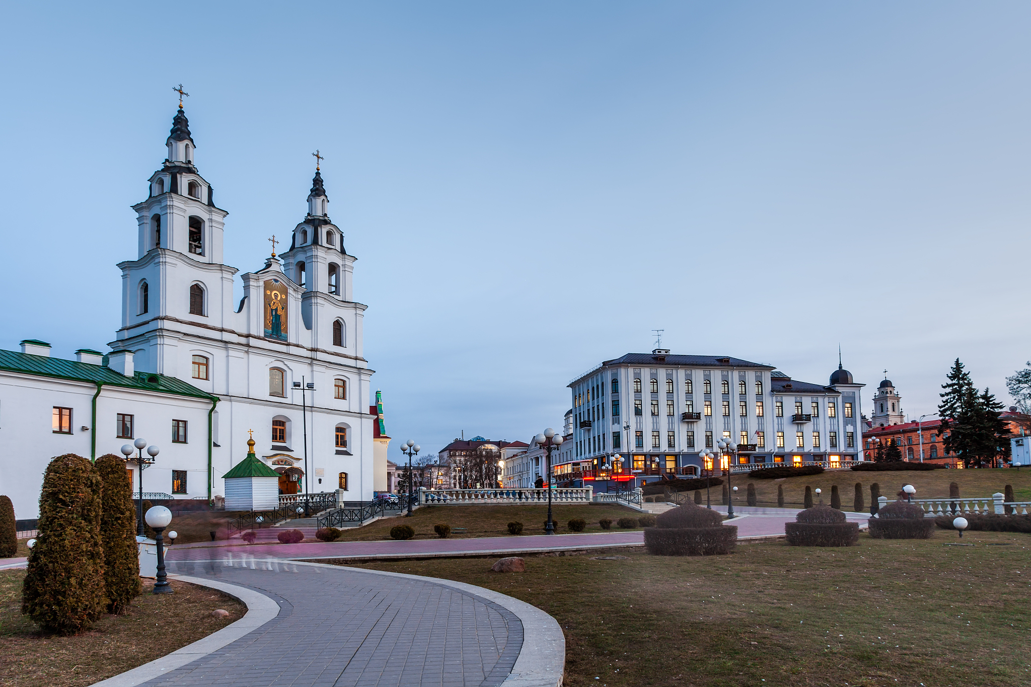 the holy spirit cathedral in minsk, belarus at dusk. minsk, bela