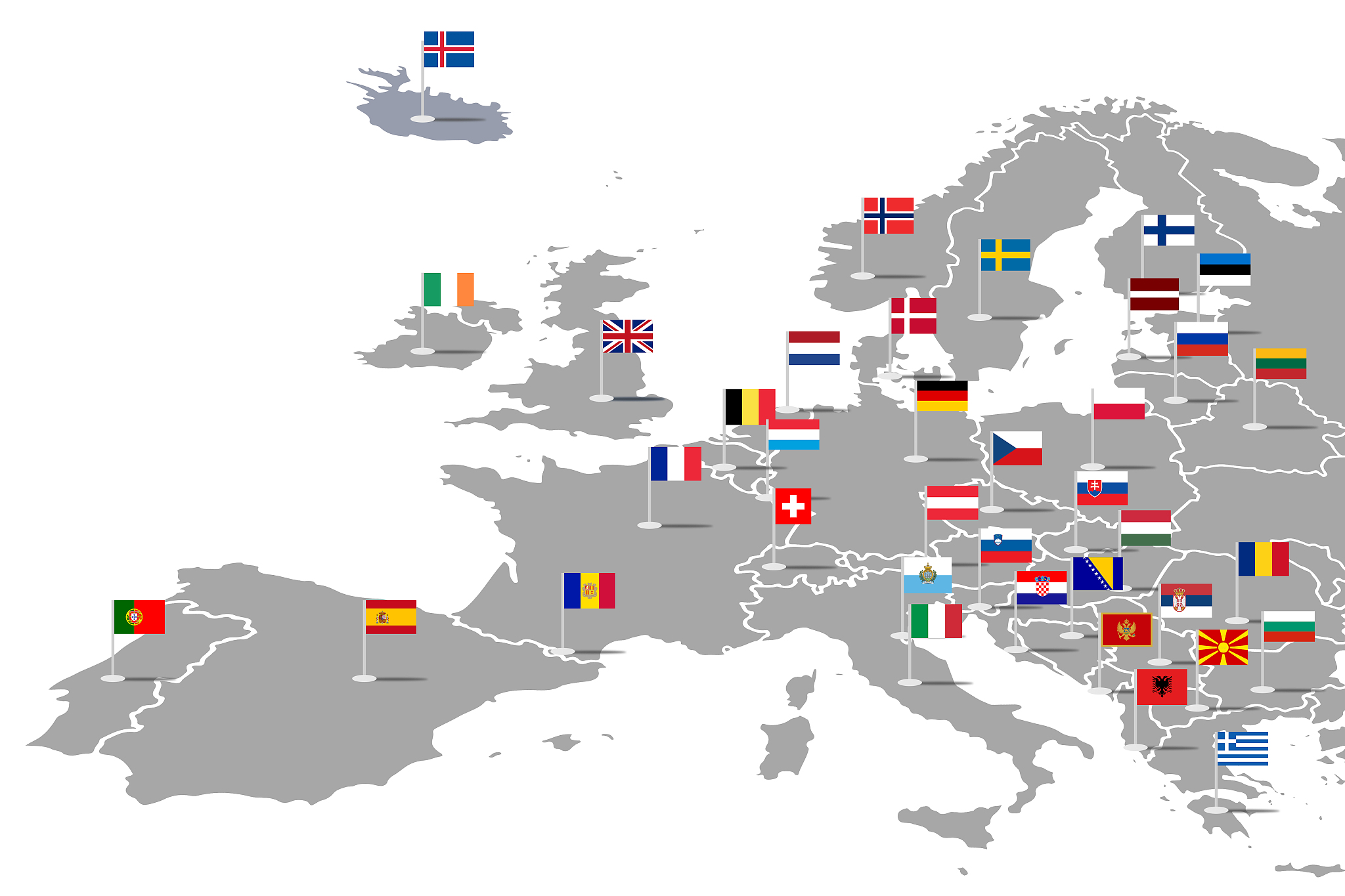 mapa europy z flagami państw