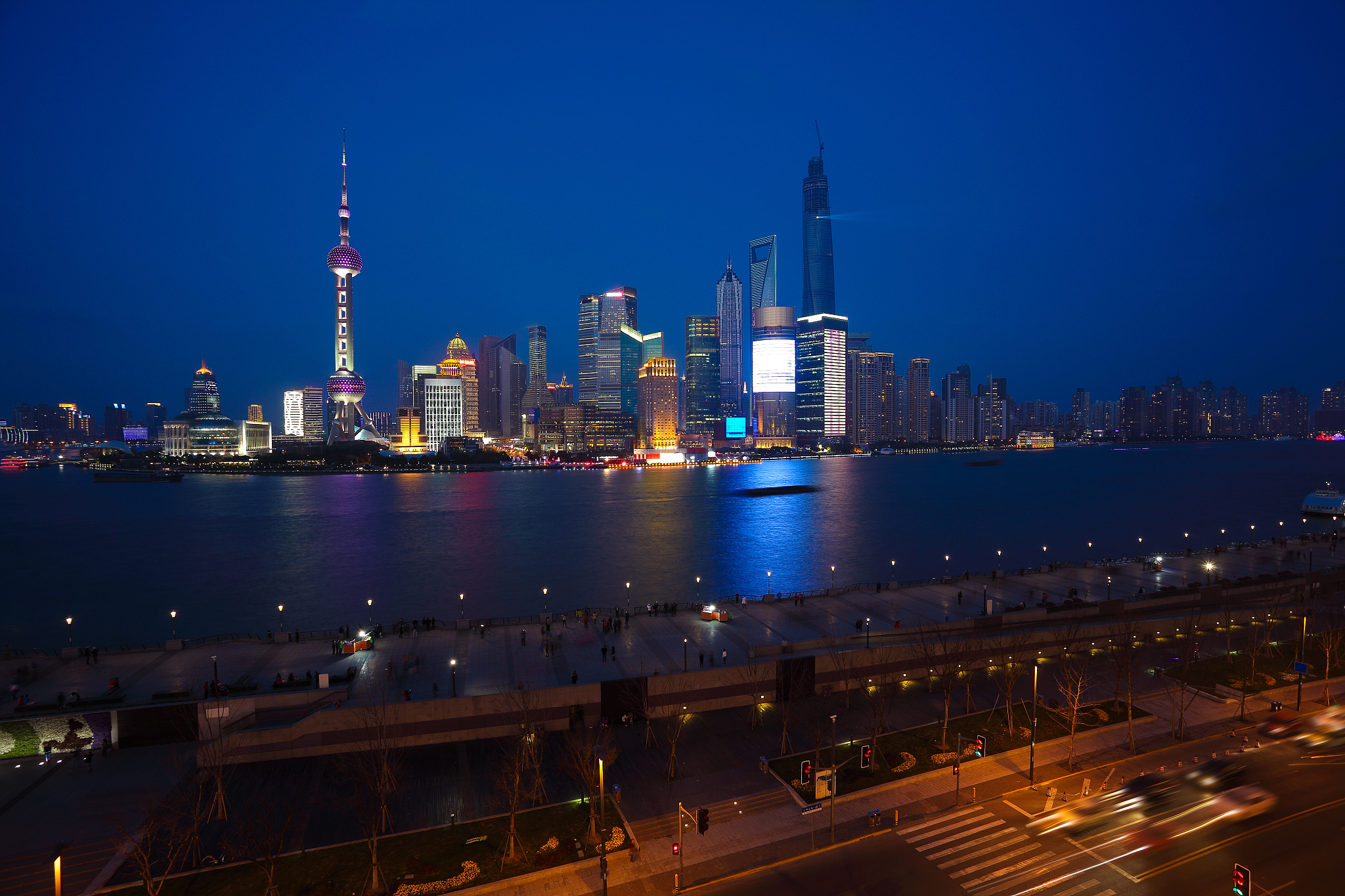 aerial photography at shanghai bund skyline of night scene