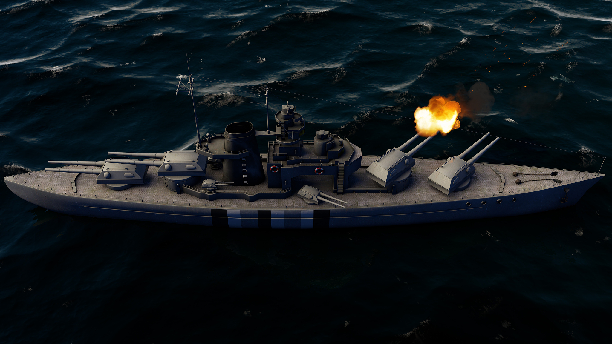 3d illustration of a battleship firing with heavy caliber guns