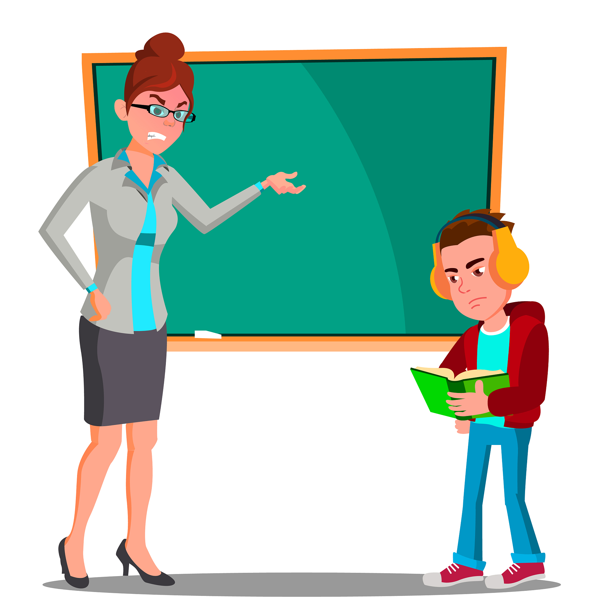 angry teacher at the blackboard the child at desk