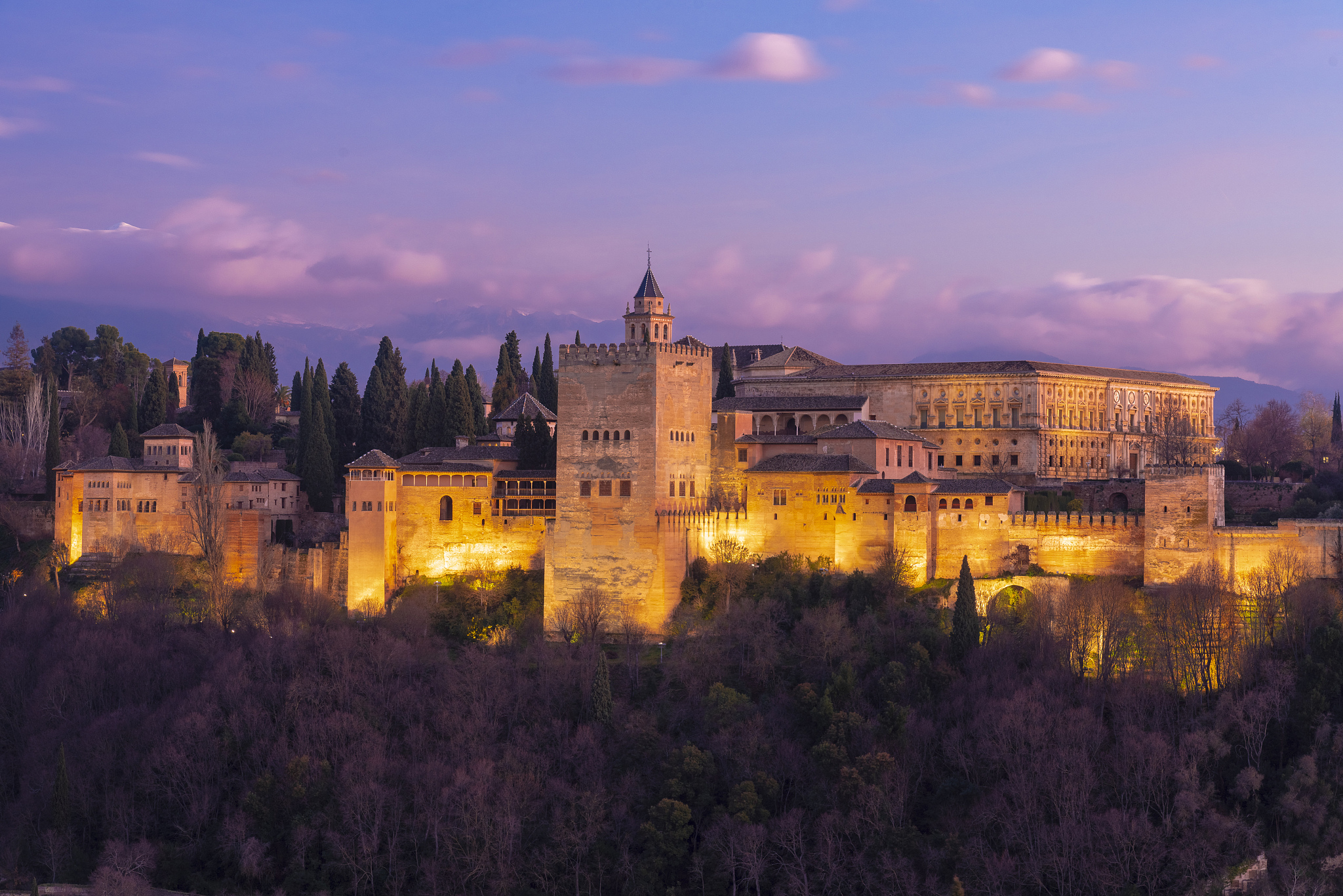 view of the alhambra, unesco world heritage site, with the sierr