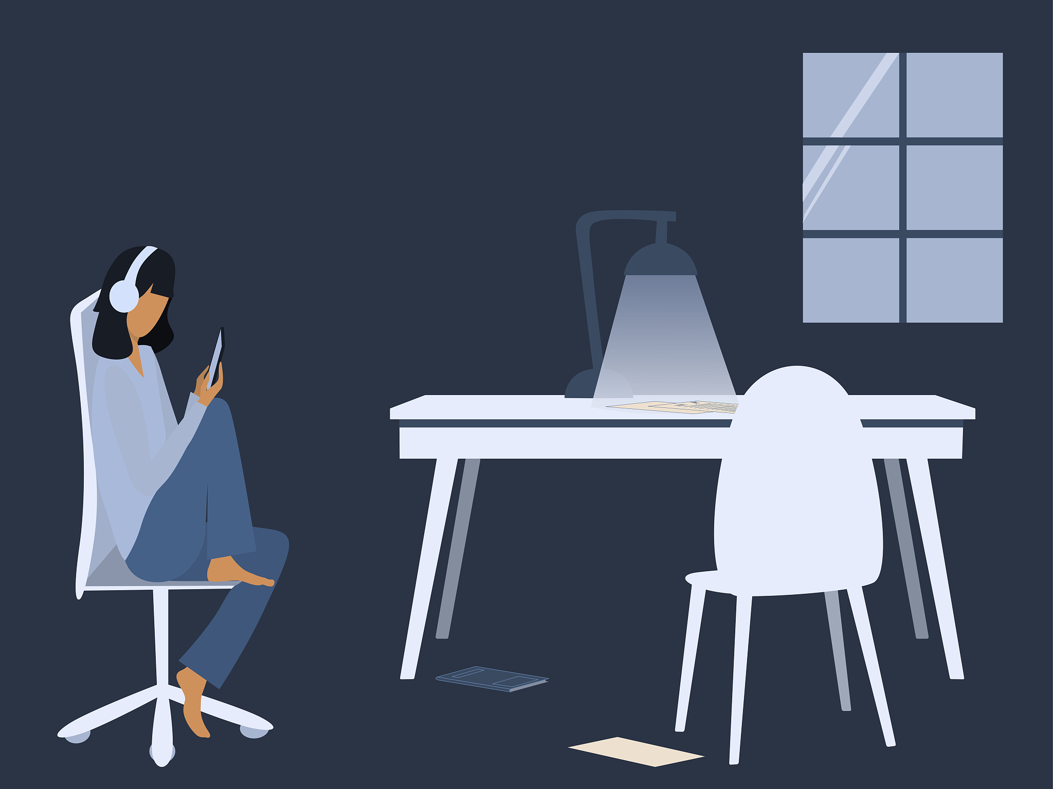 girl studying late at night. communication online.