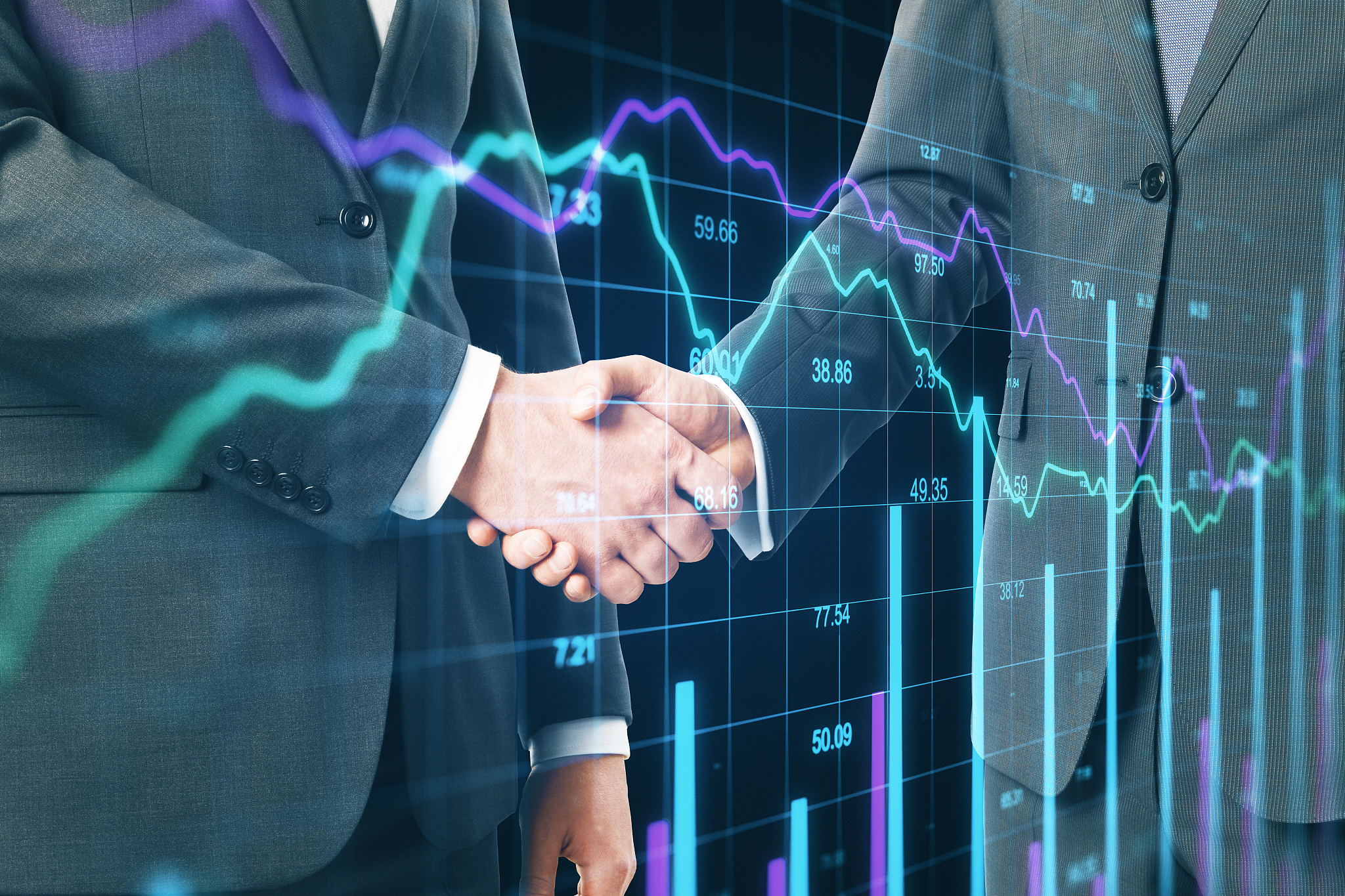 businessmen shaking hands with forex chart