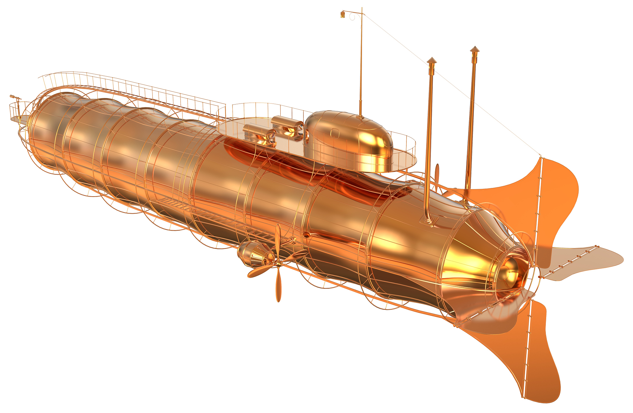golden fantasy airship zeppelin dirigible balloon 3d illustratio