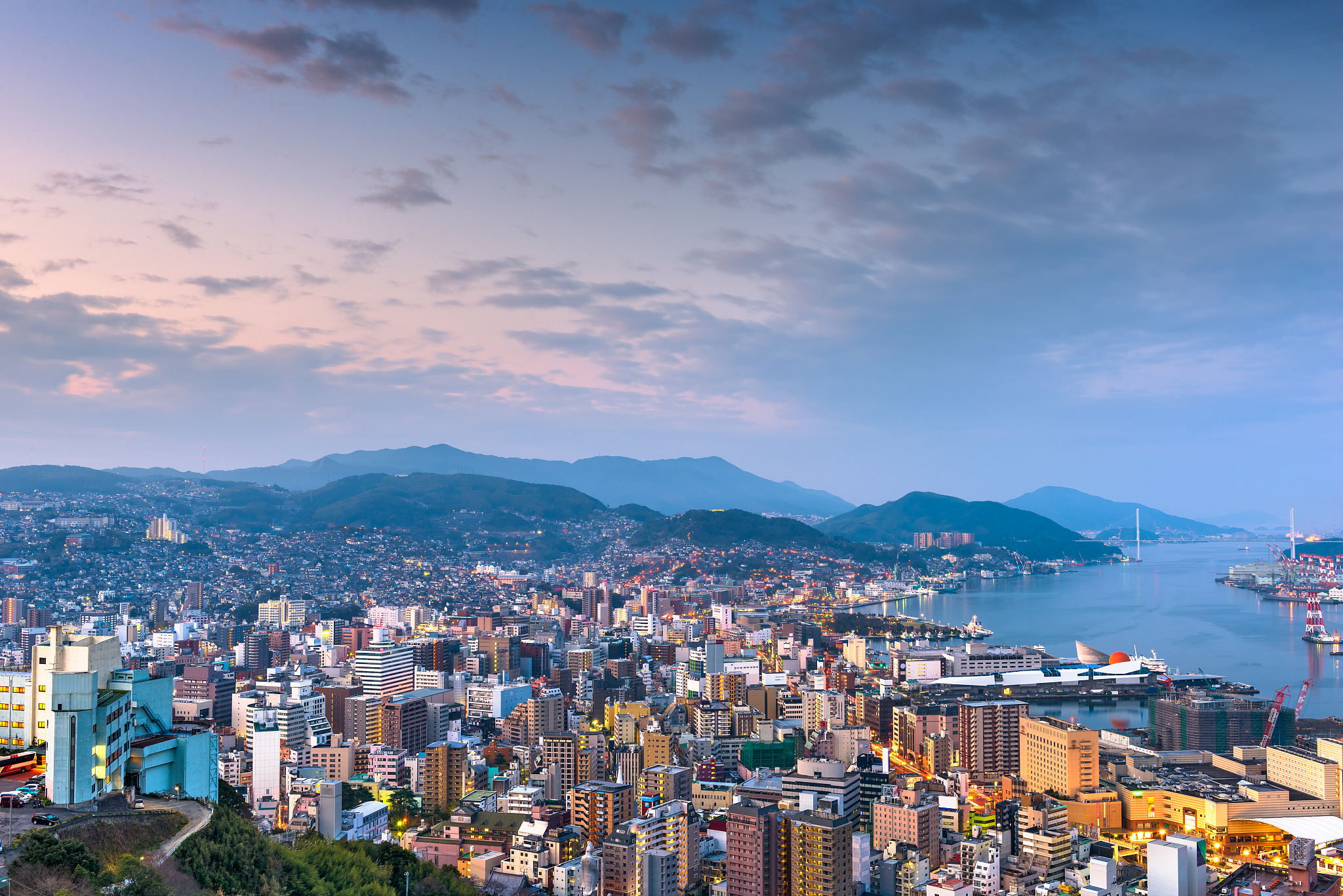 nagasaki, japan cityscape at dusk