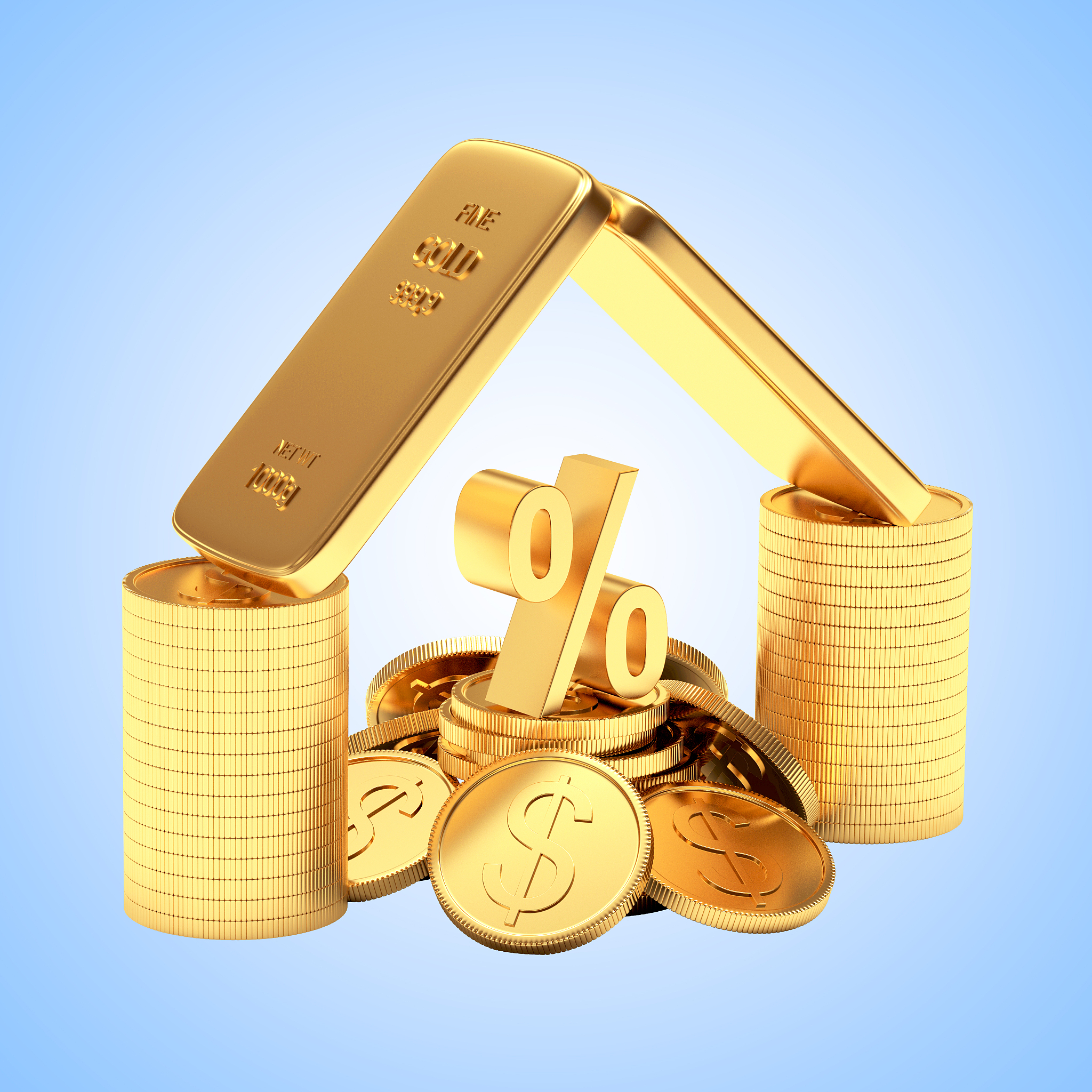 golden bars, coins and percent sign on blue