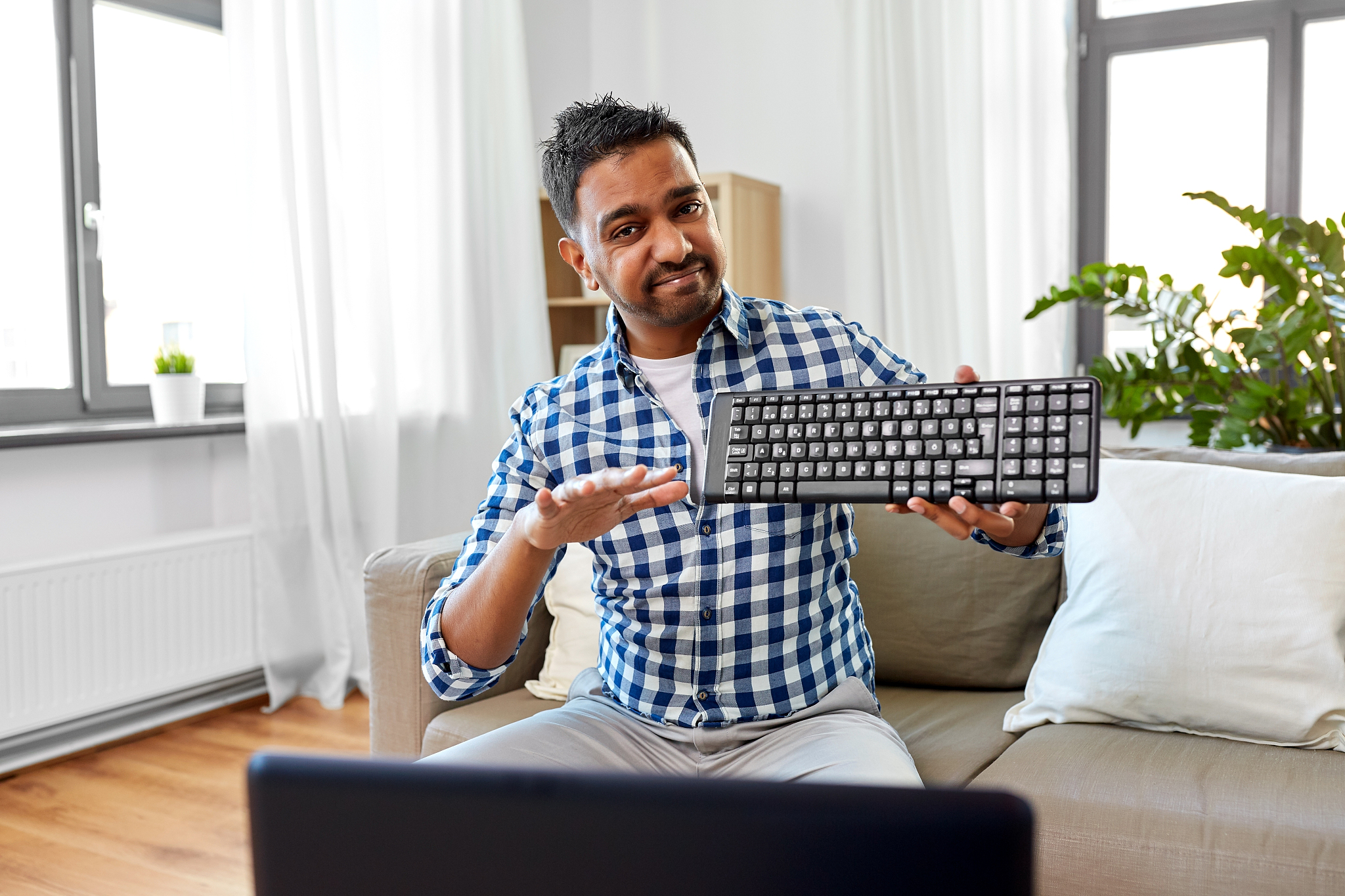 blogging, videoblog and people concept - displeased indian male 