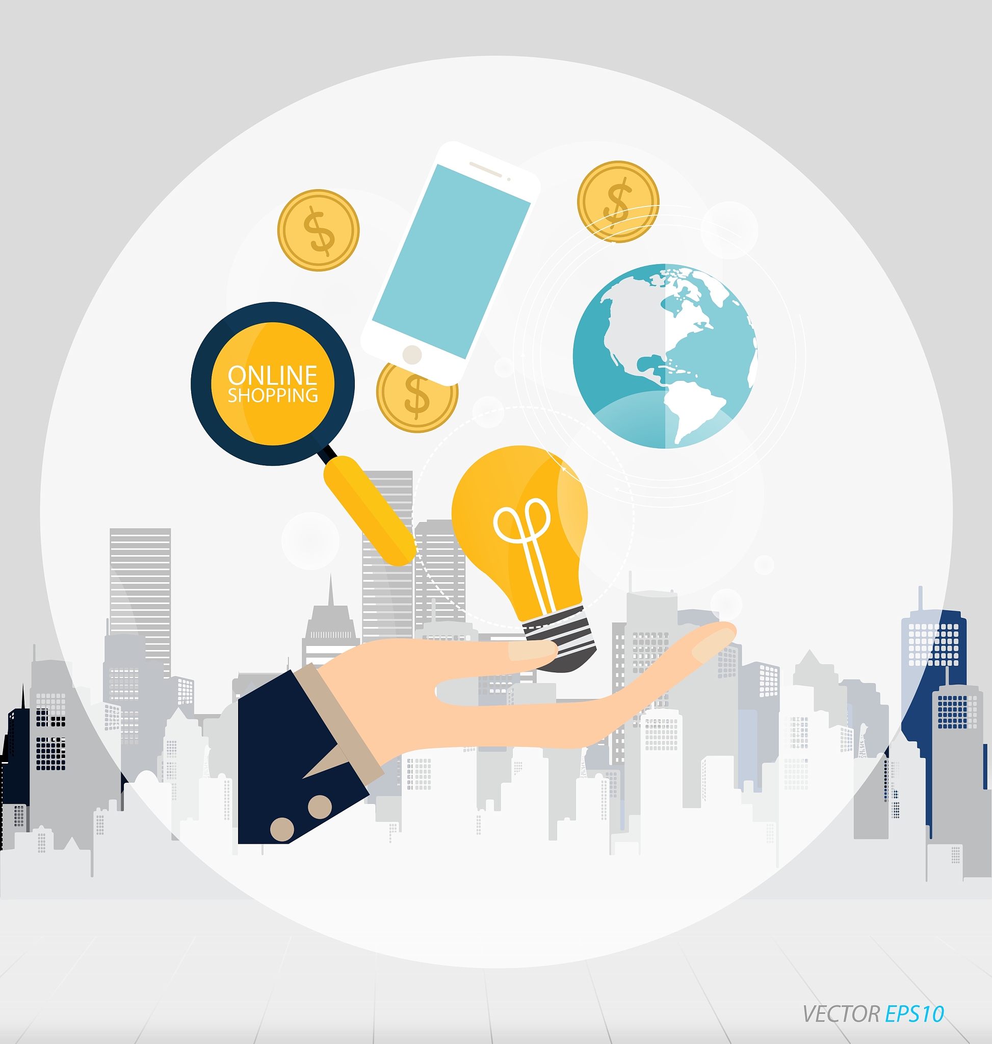 business concept hand with business items mobile