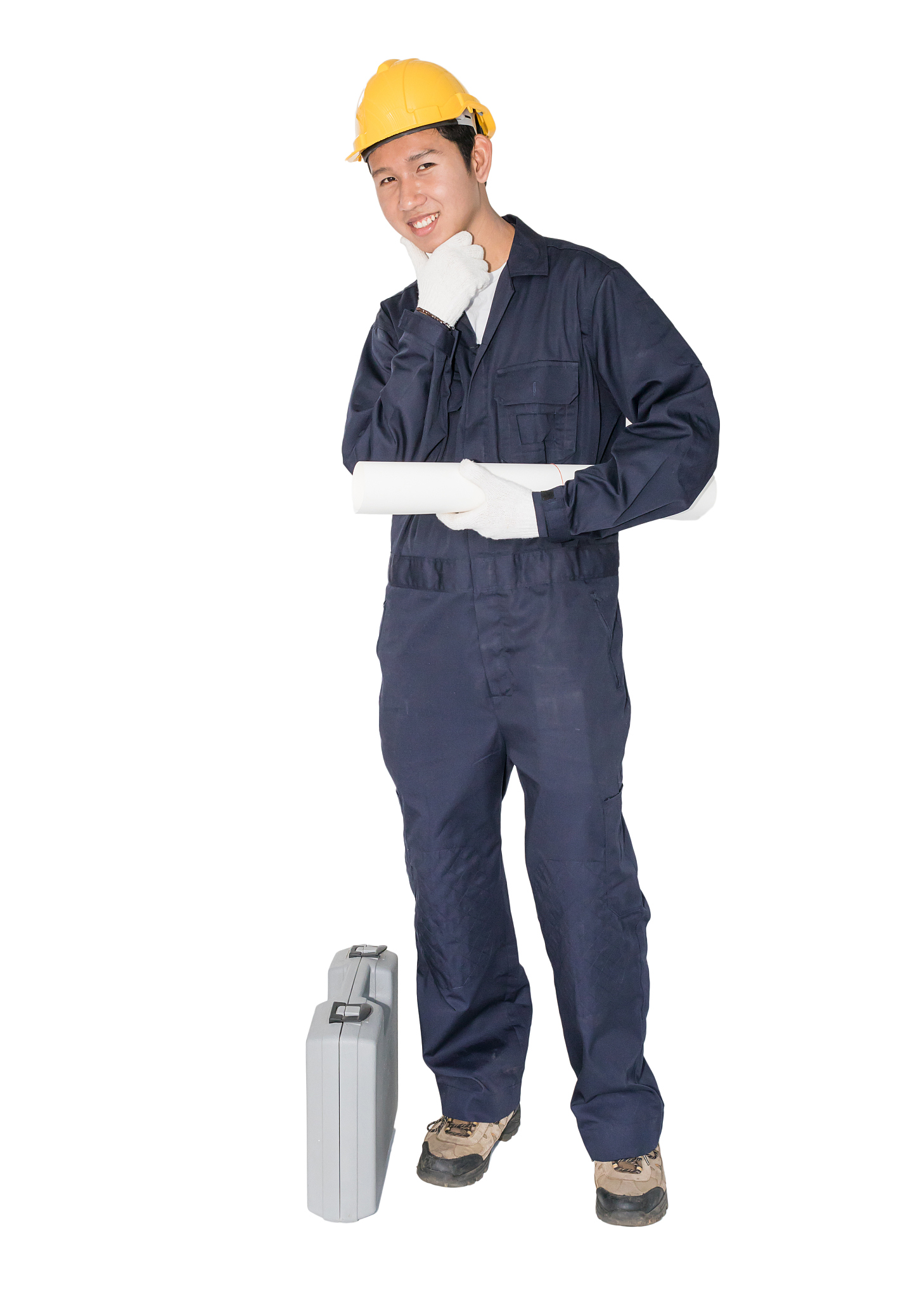 worker holding blueprint on white