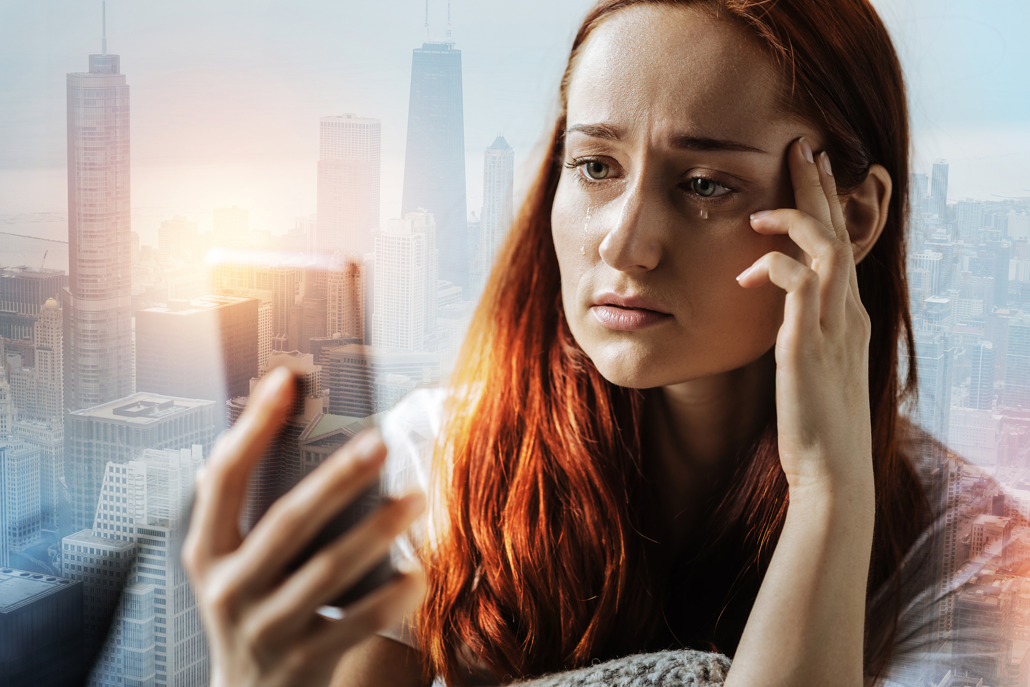 upset lonely woman sitting and crying