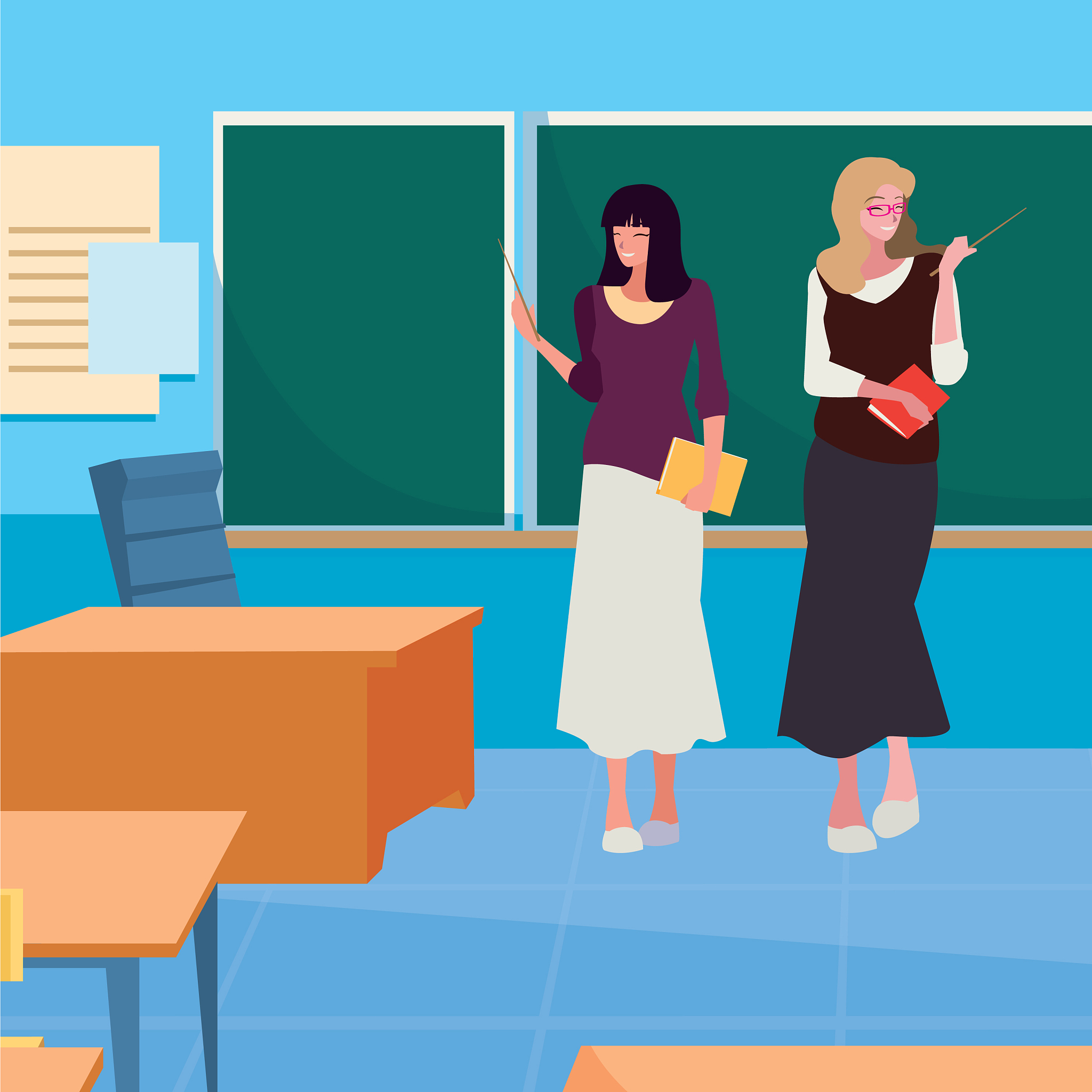 female teachers couple with in classroom