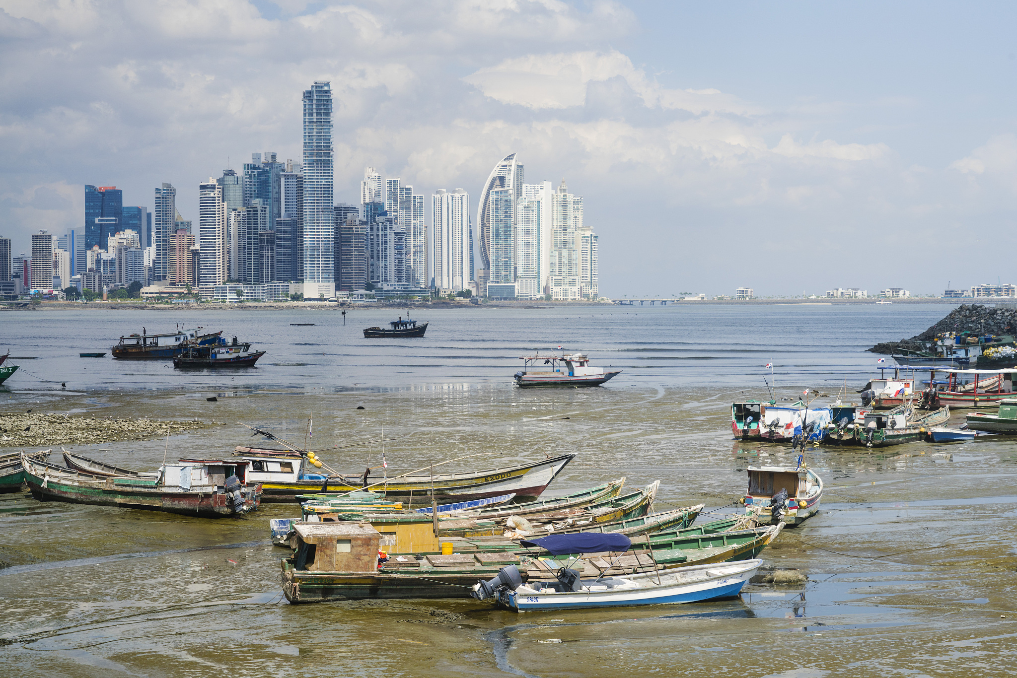 panama city skyline at tide from seafood market, panama, central