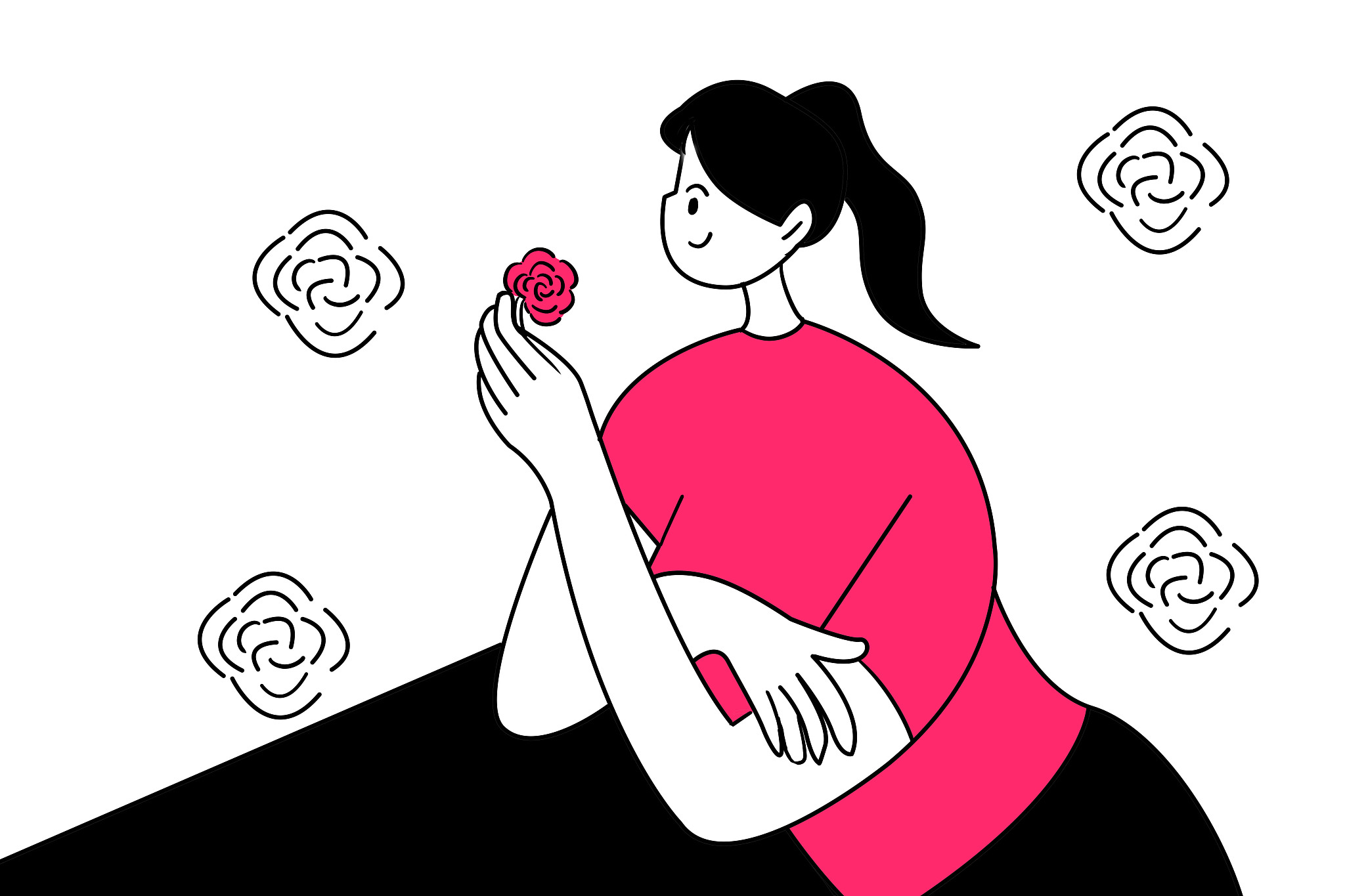 女生手拿玫瑰休闲插画