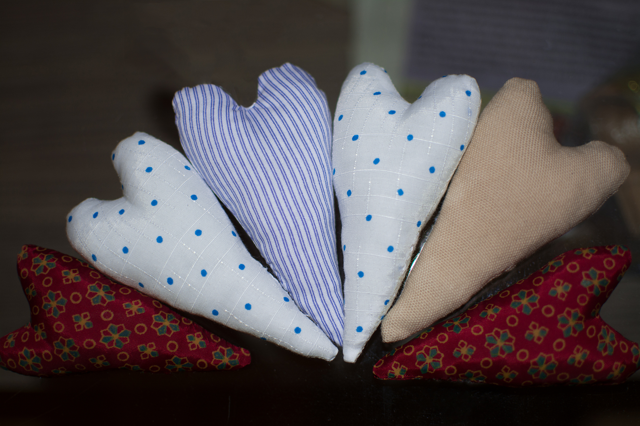 the heart of the material strips, dots, flowers, handmade.