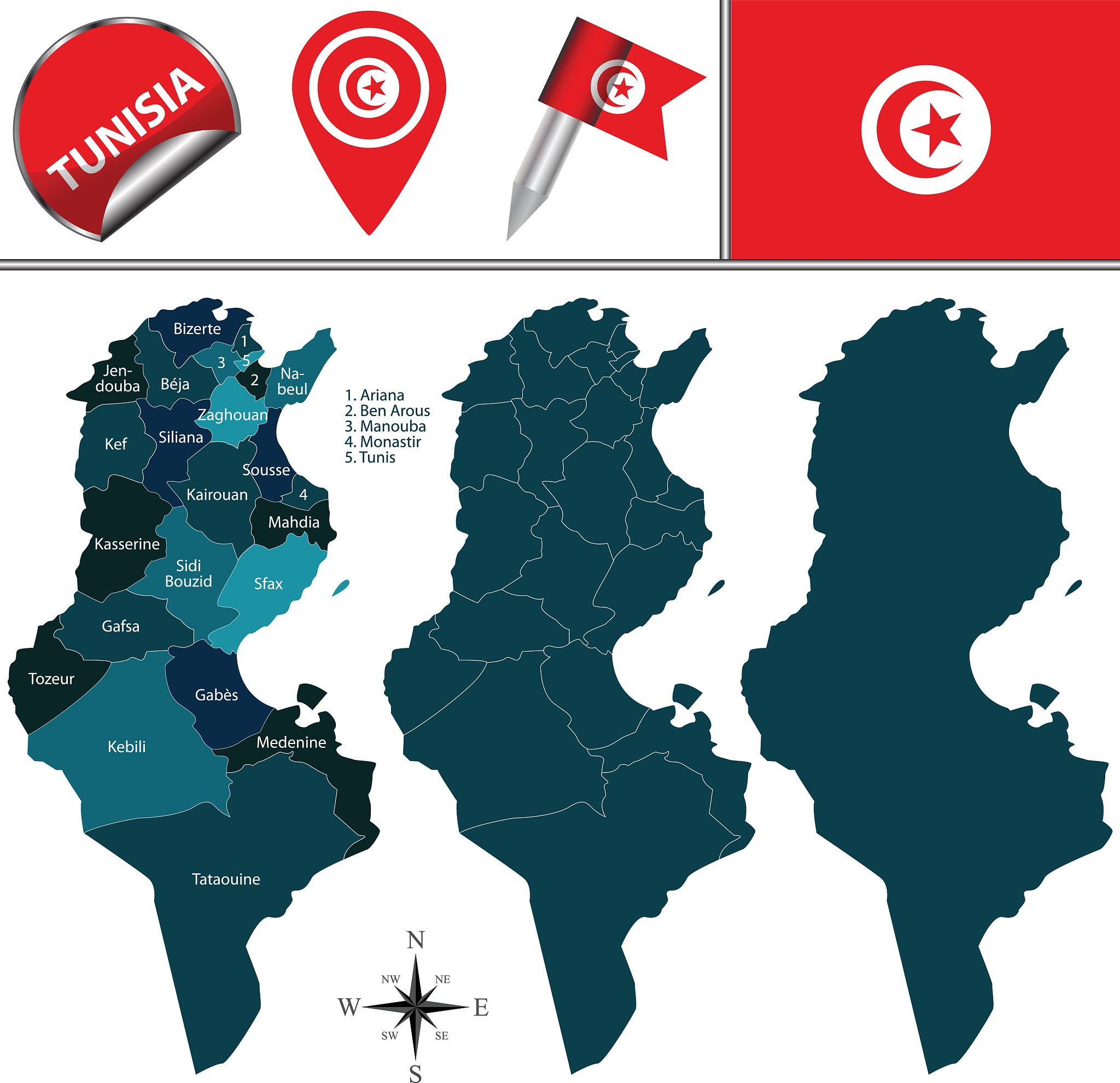 map o<strong>f</strong> tunisia with named governorates