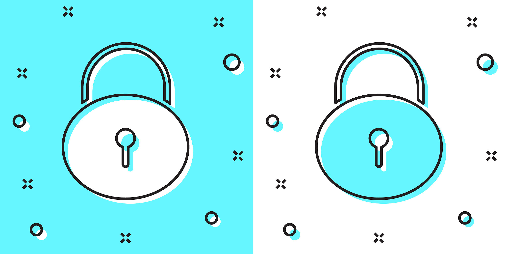 black line lock icon isolated on green and white background. pad