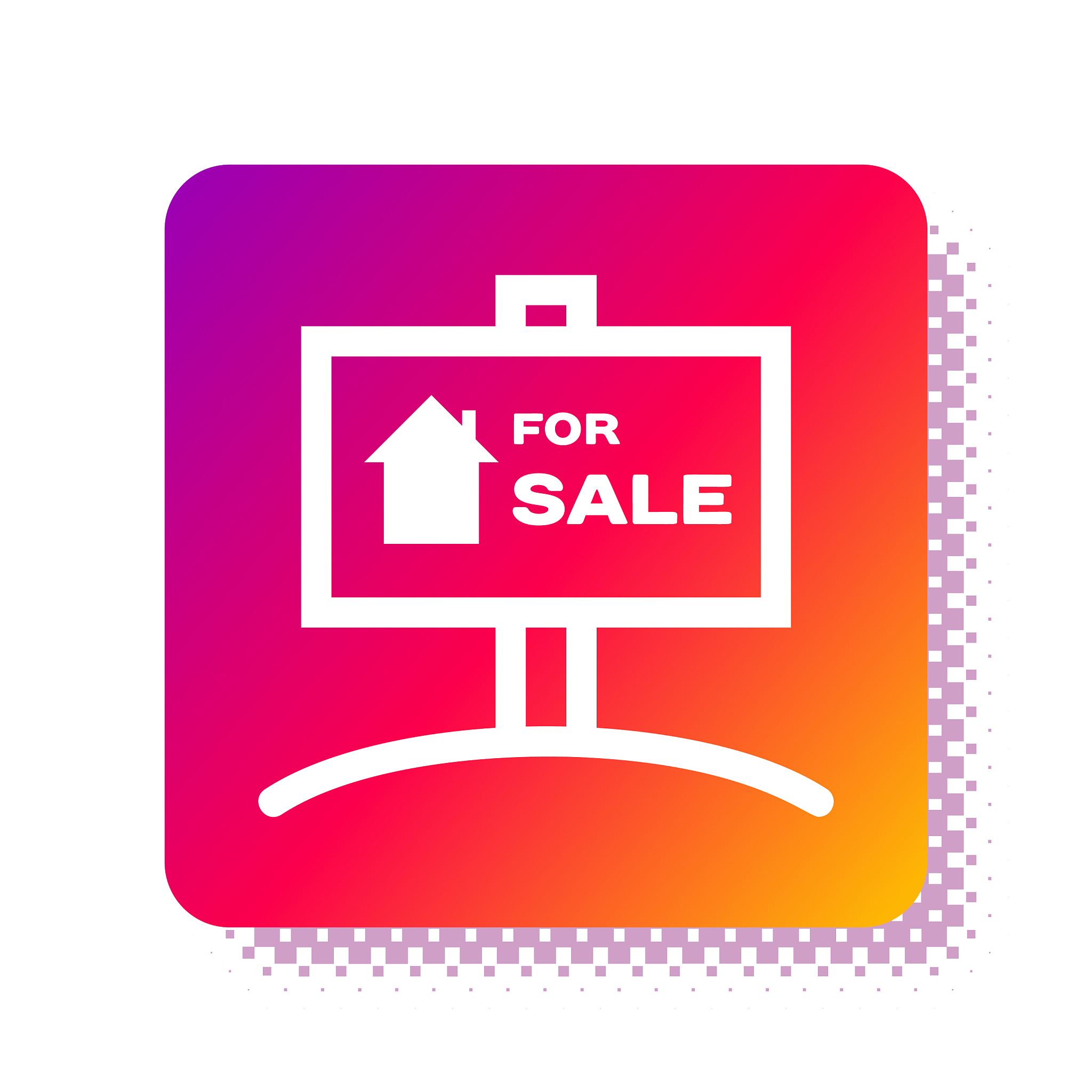 white hanging sign with text for sale icon