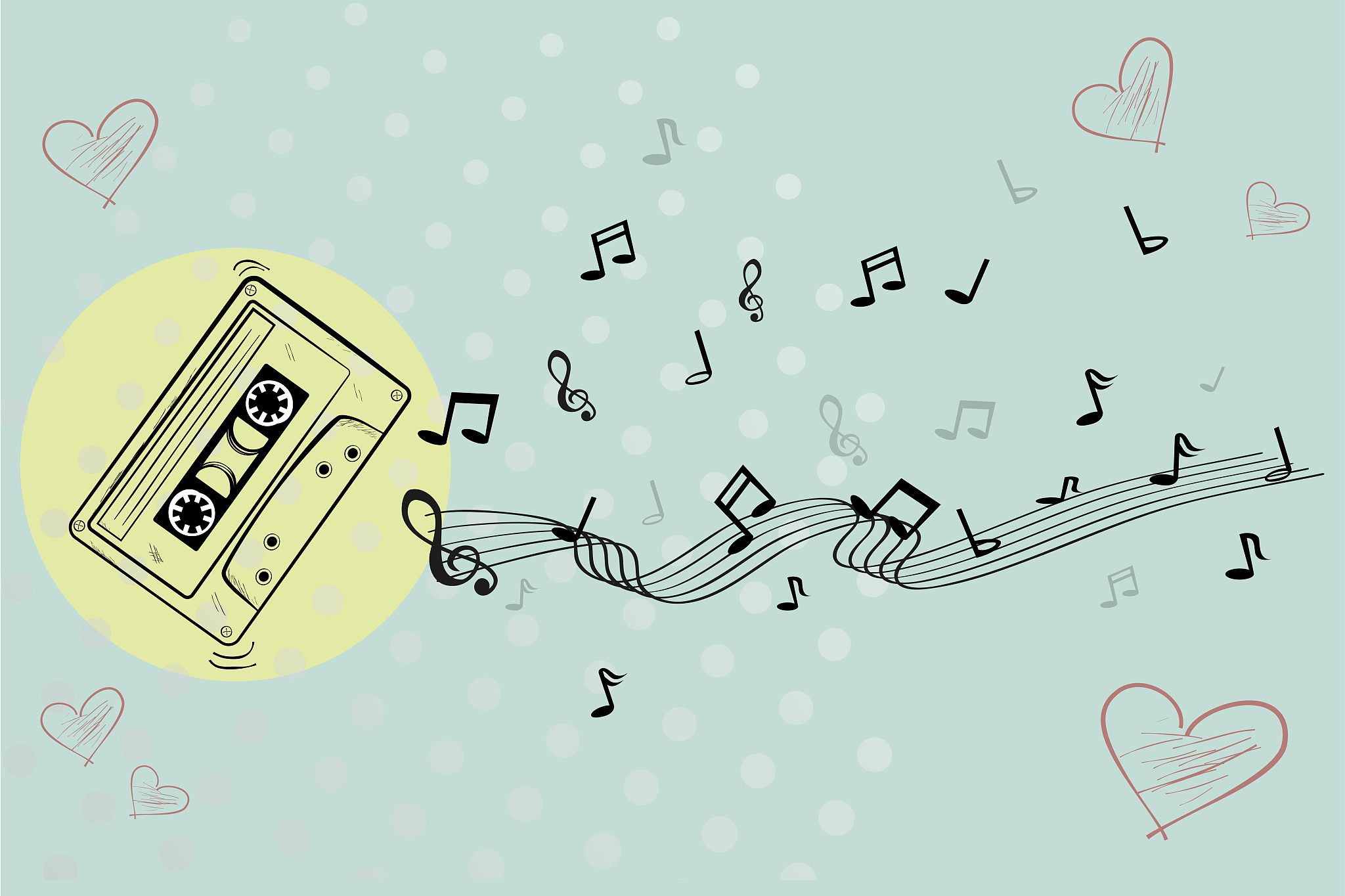 simple sketch of classic audio cassette and partiture, halftone 