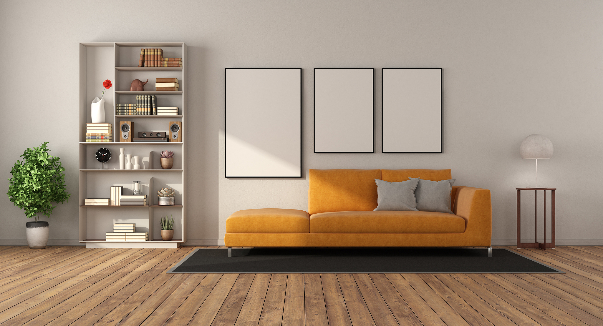 modern living room with sofa and bookcase