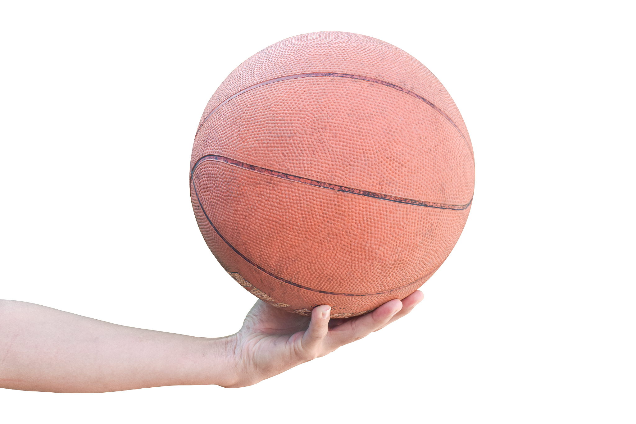 male hand with basketball isolated on white background with clip