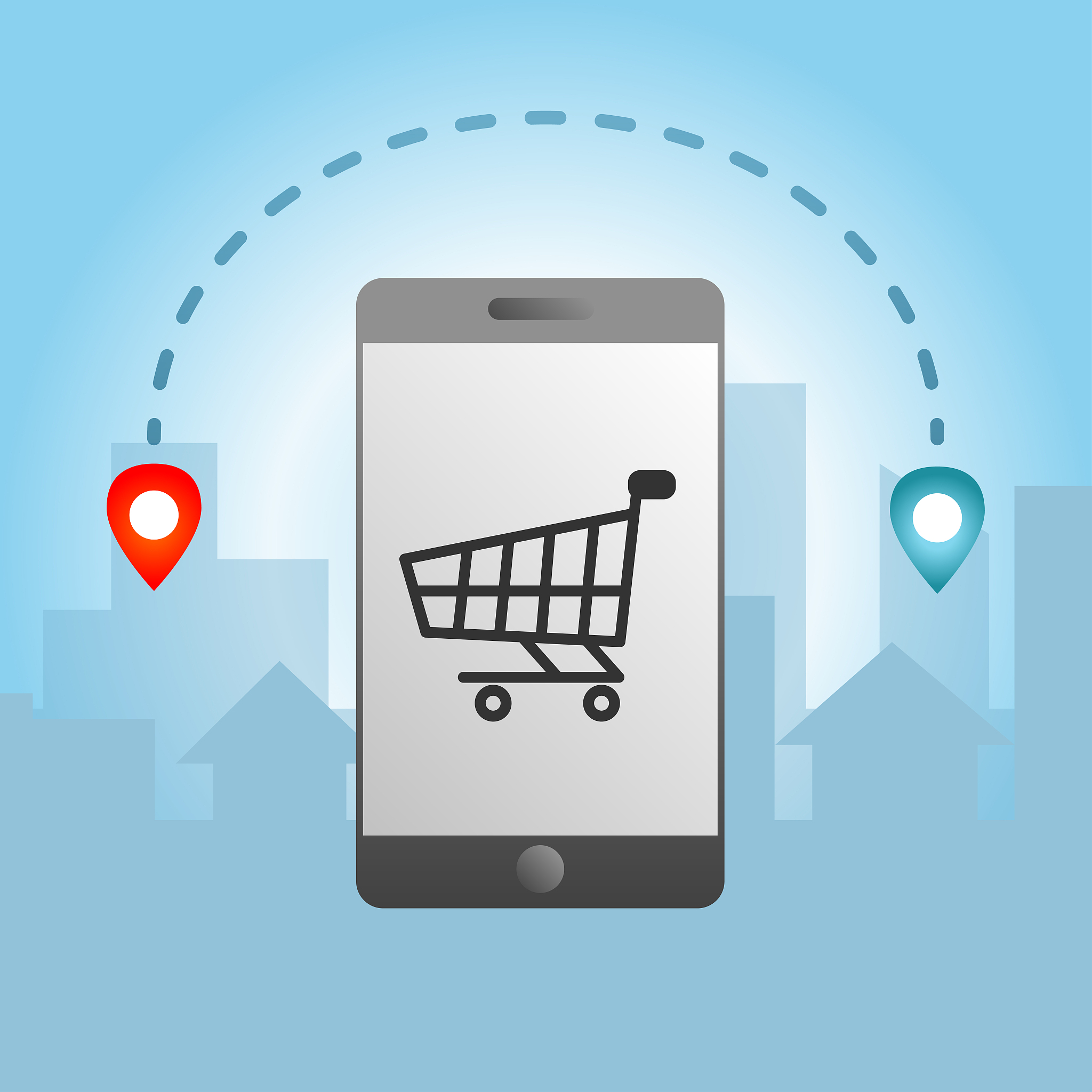 supermarket cart icon on a smartphone. shopping online in the ci