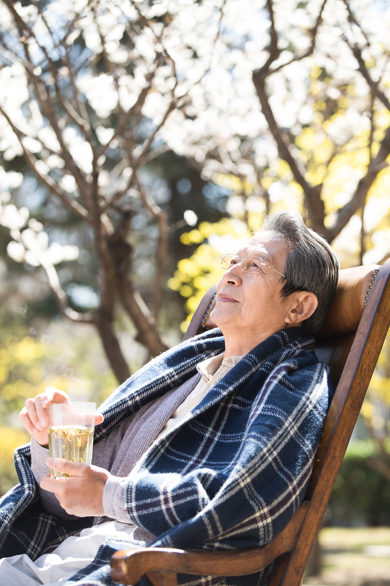 孤独的老年男人在院子里晒太阳