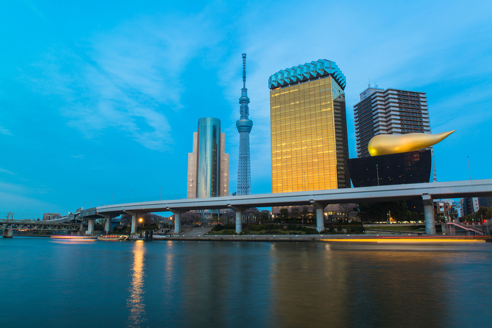 view of tokyo skyline from sumida river