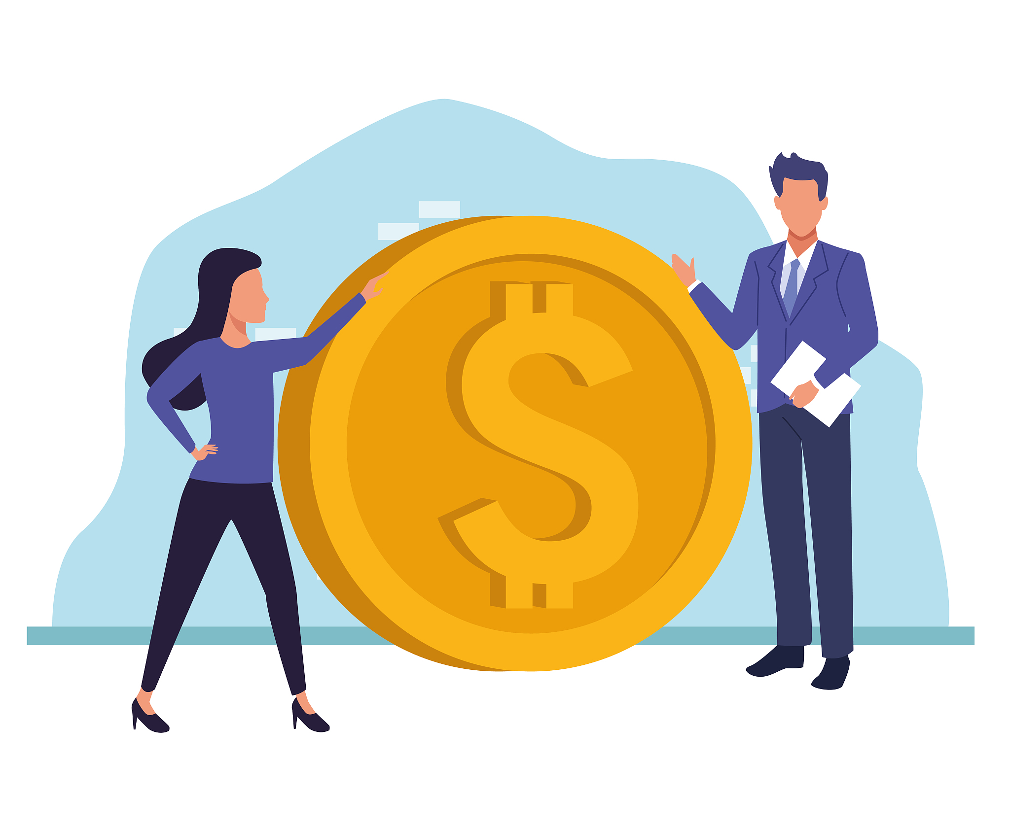avatar woman and businessman holding a big money coin