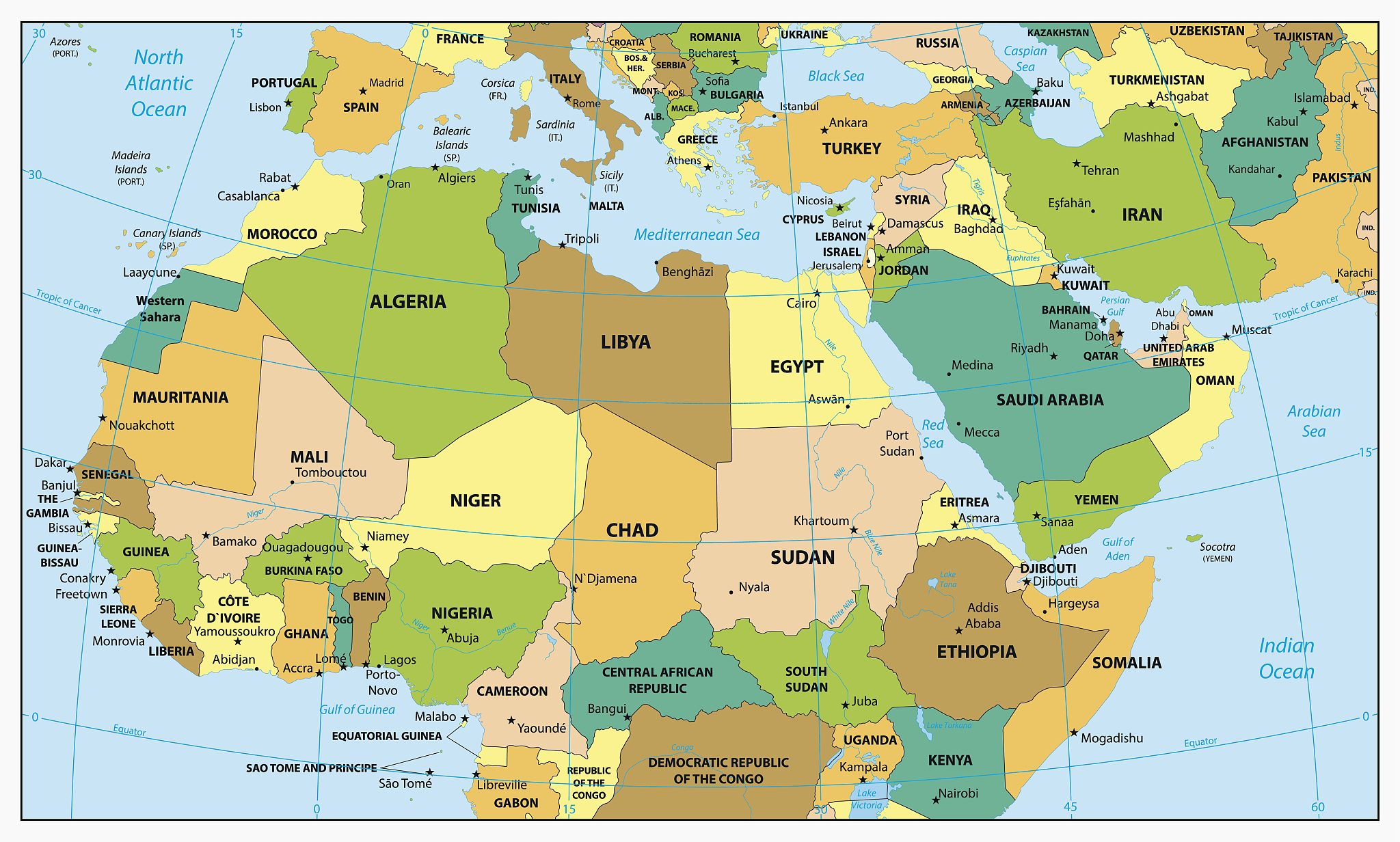 highly detailed political map of northern africa and the middle