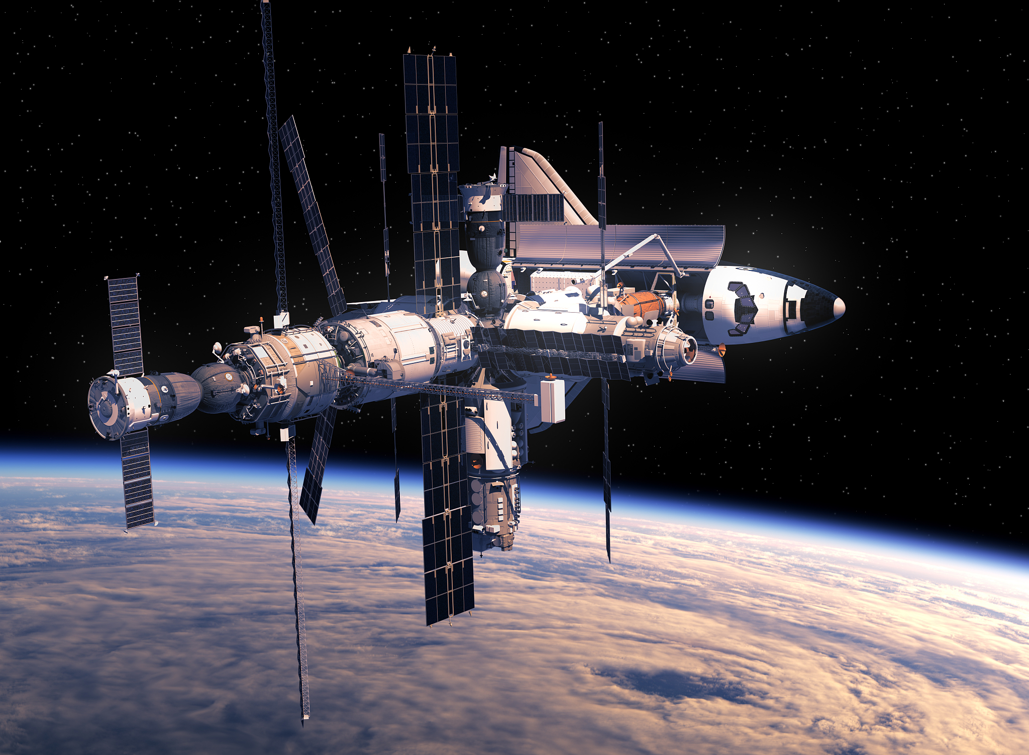 space shuttle and space station orbiting earth