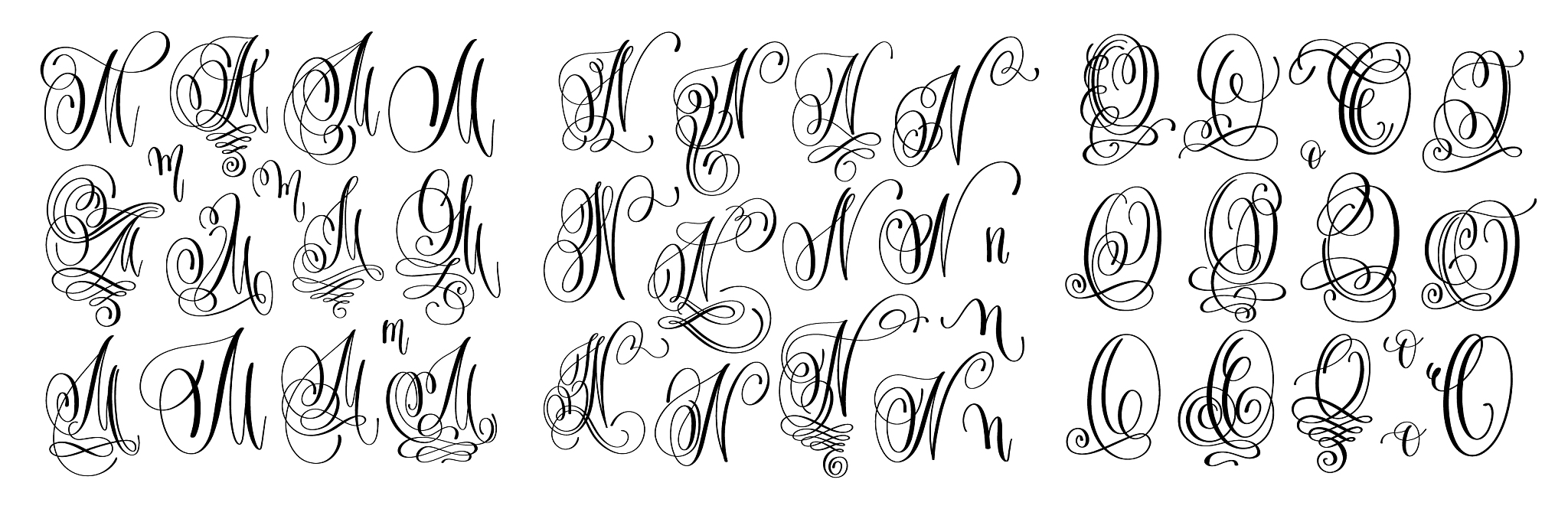 calligraphy letters set m n and o script font