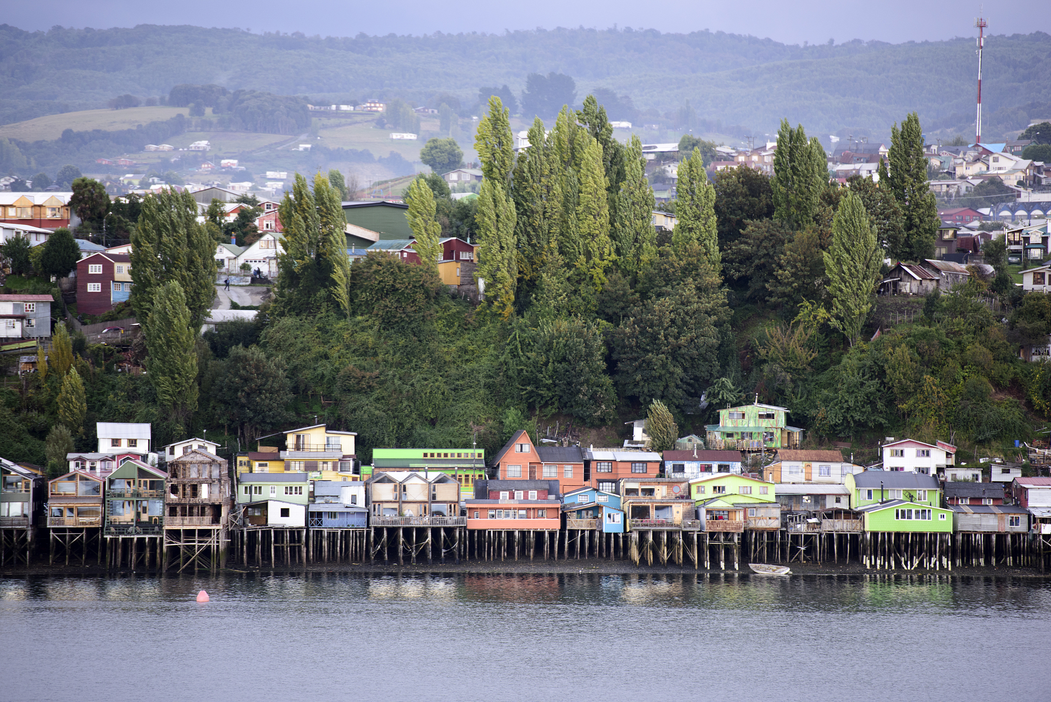 colourful palafitos in castro, chiloé island, chile