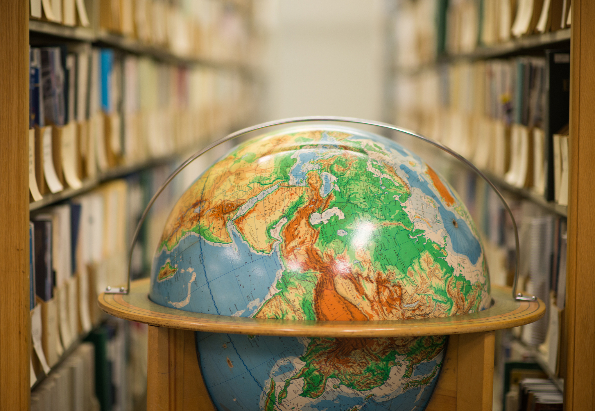globe and book shelves.