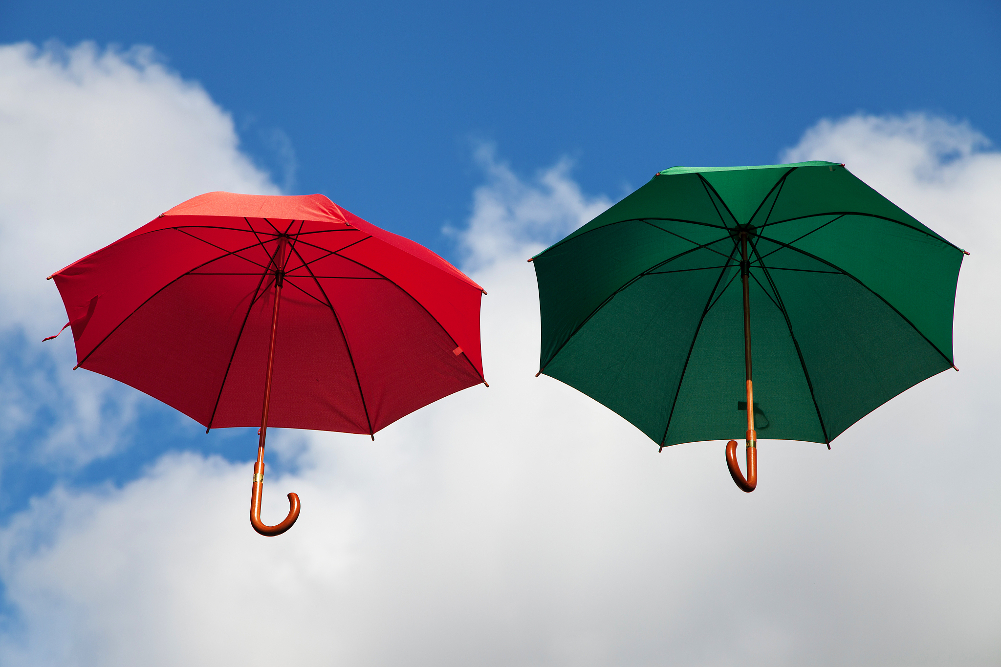 floating umbrellas in red and green