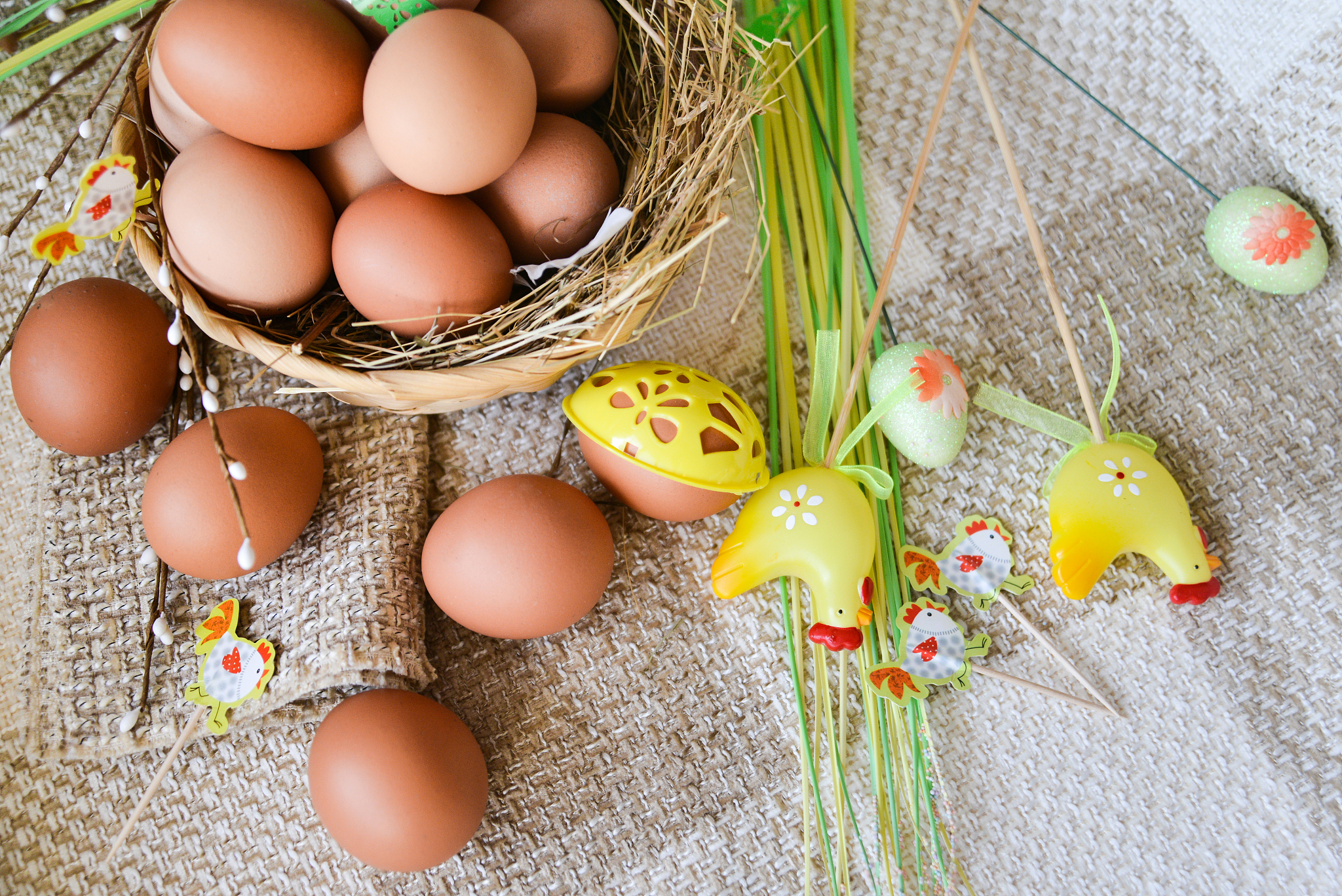 egg, easter decor on textile background, for holiday