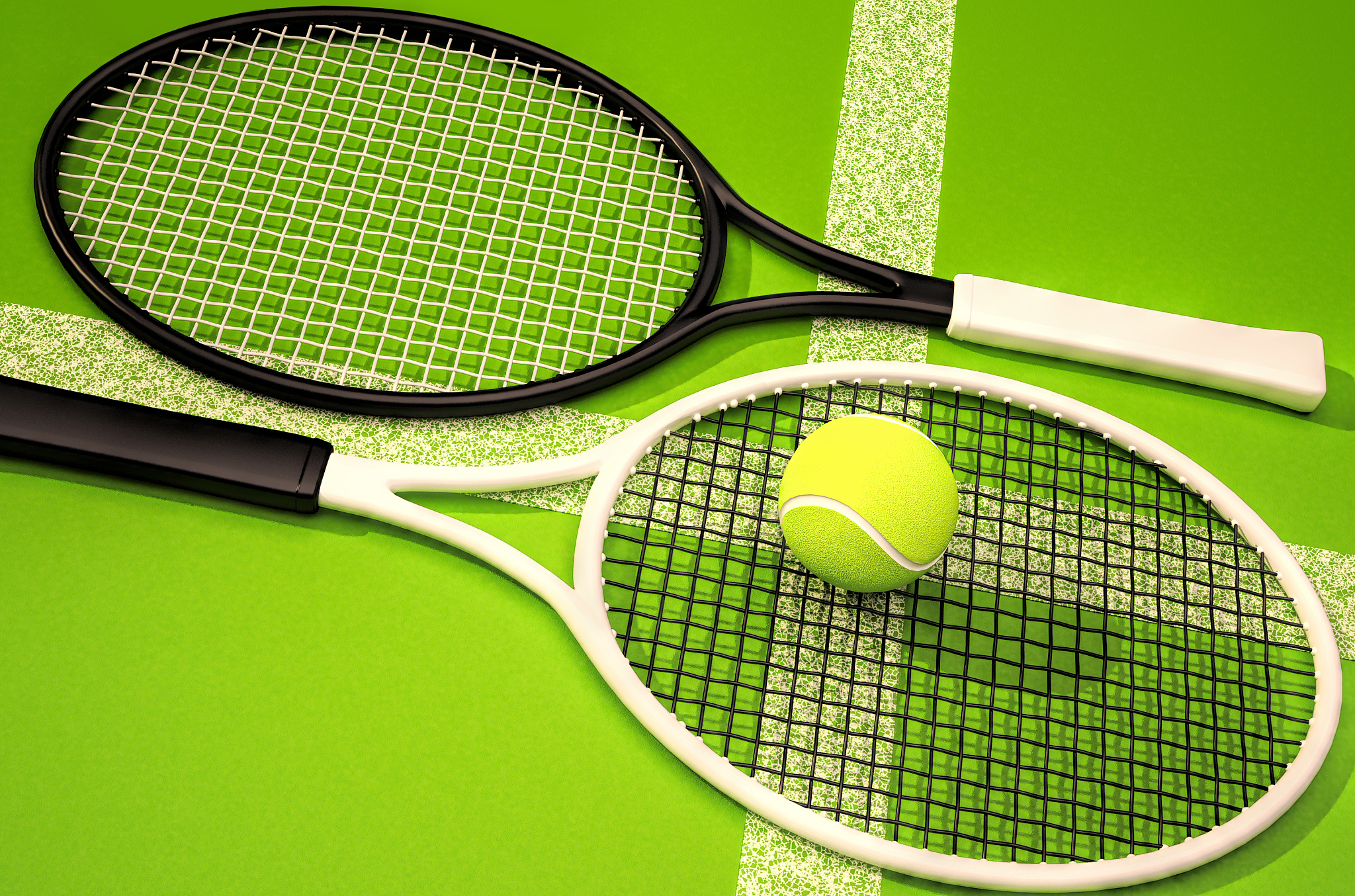 tennis rackets and ball on a green background.