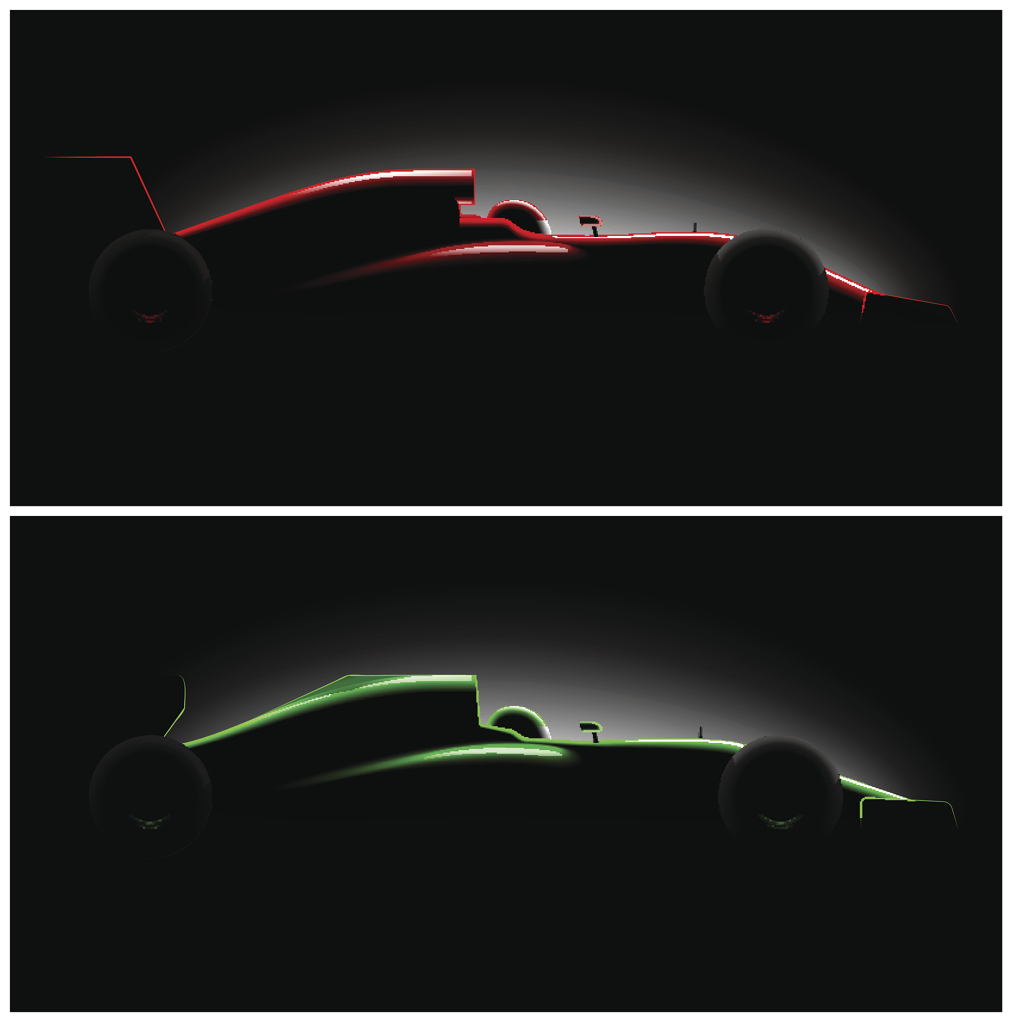 set two realistic styled racing car side view in dark