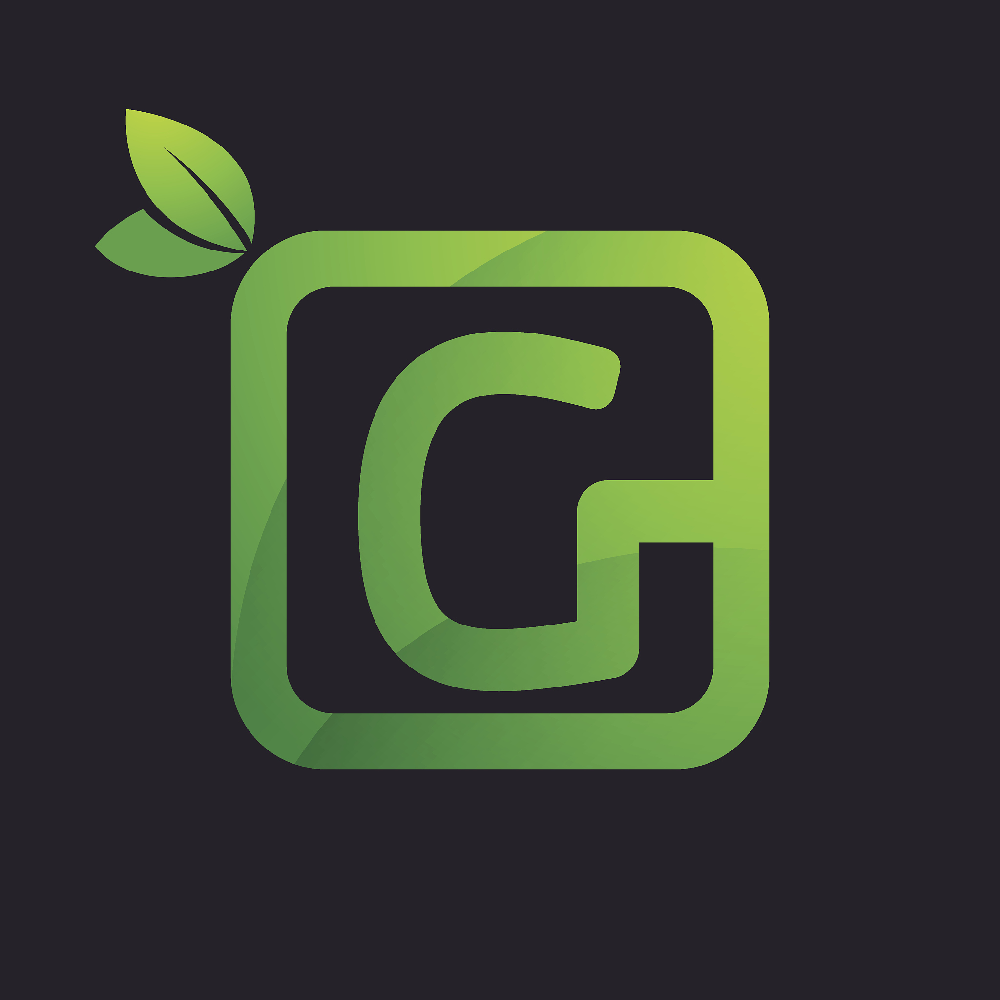 g letter icon in square and green leaves.