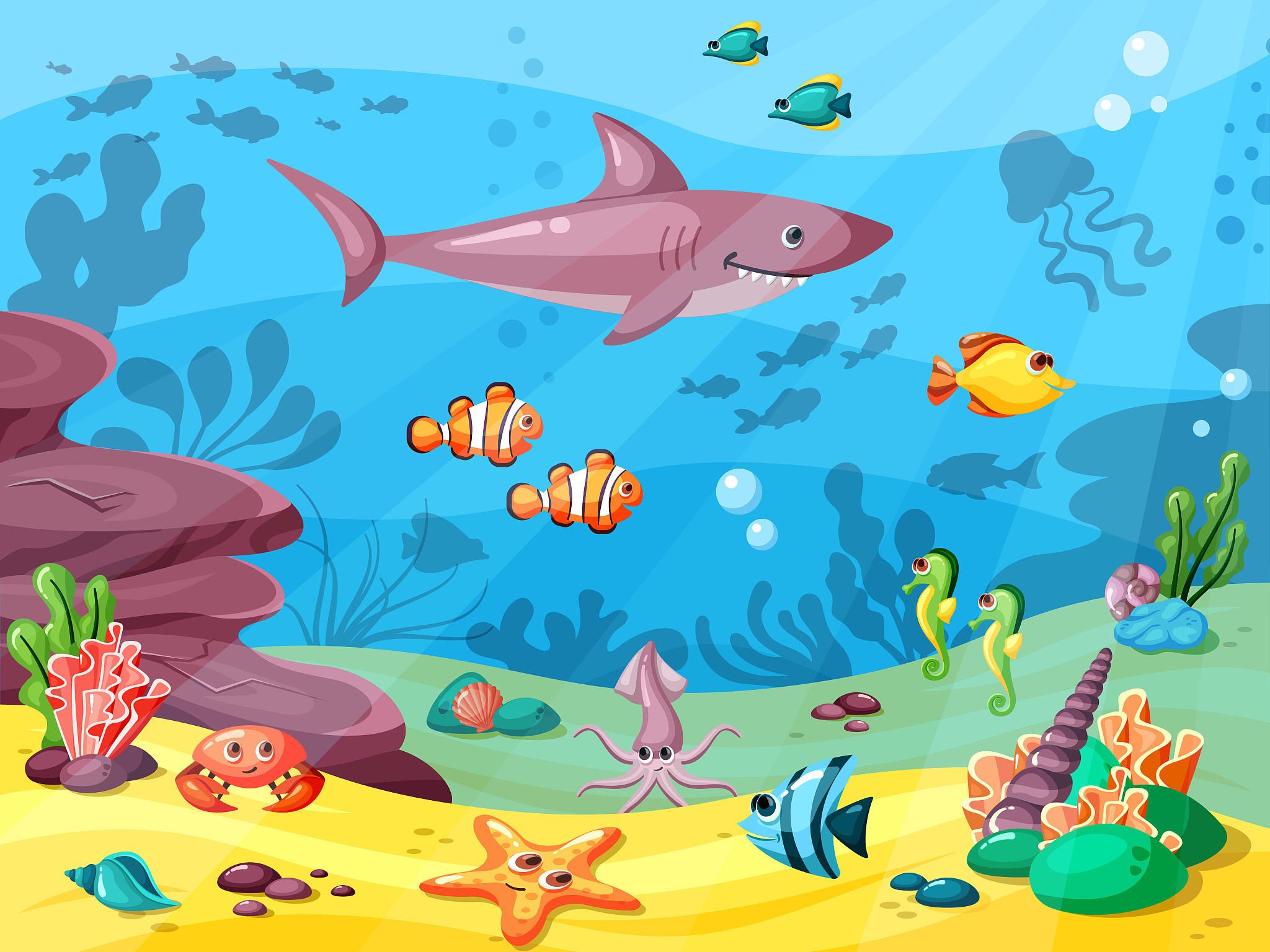 underwater life. wild animals in ocean or sea water flowing big 