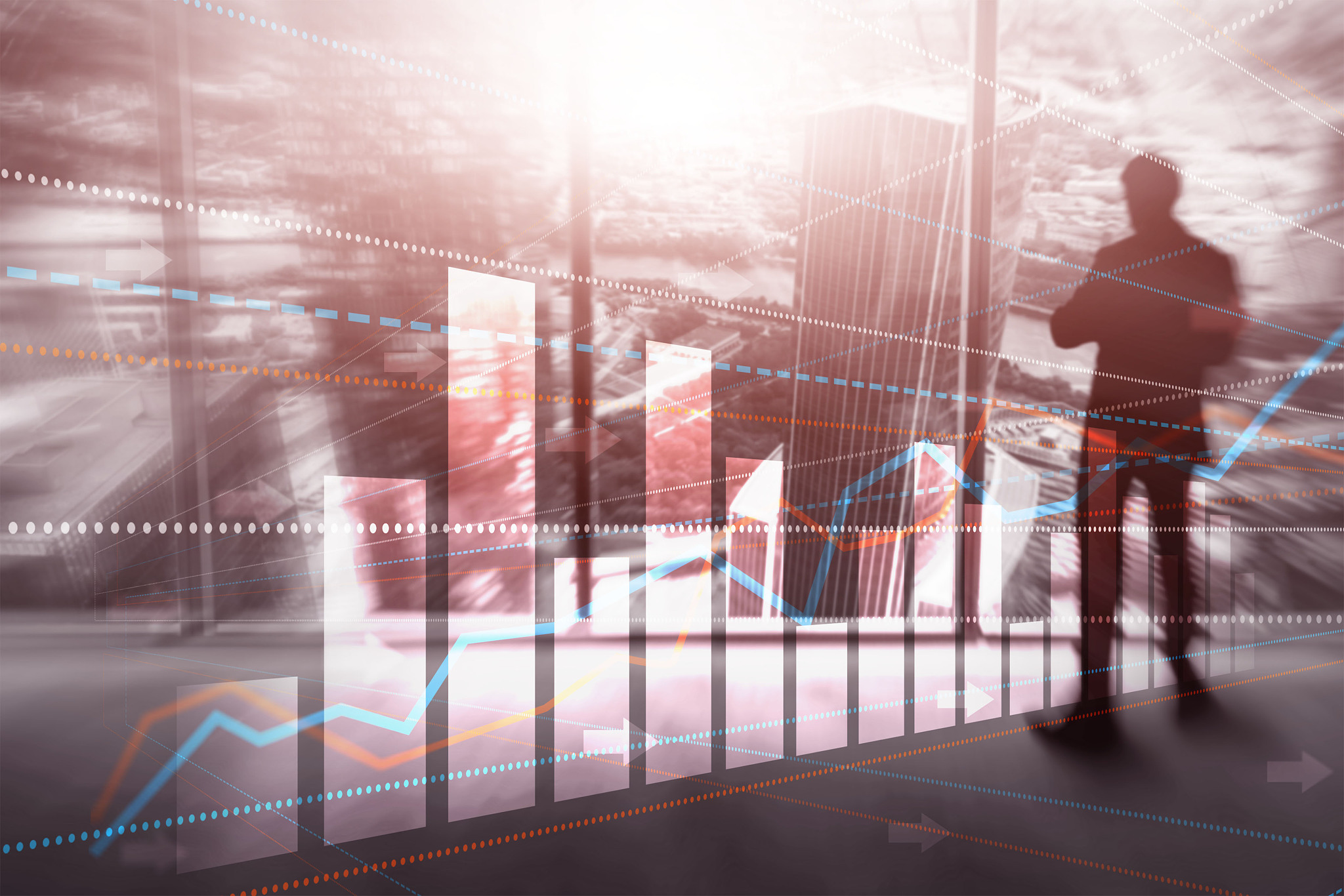 silhouettes of people on city background for financial investmen