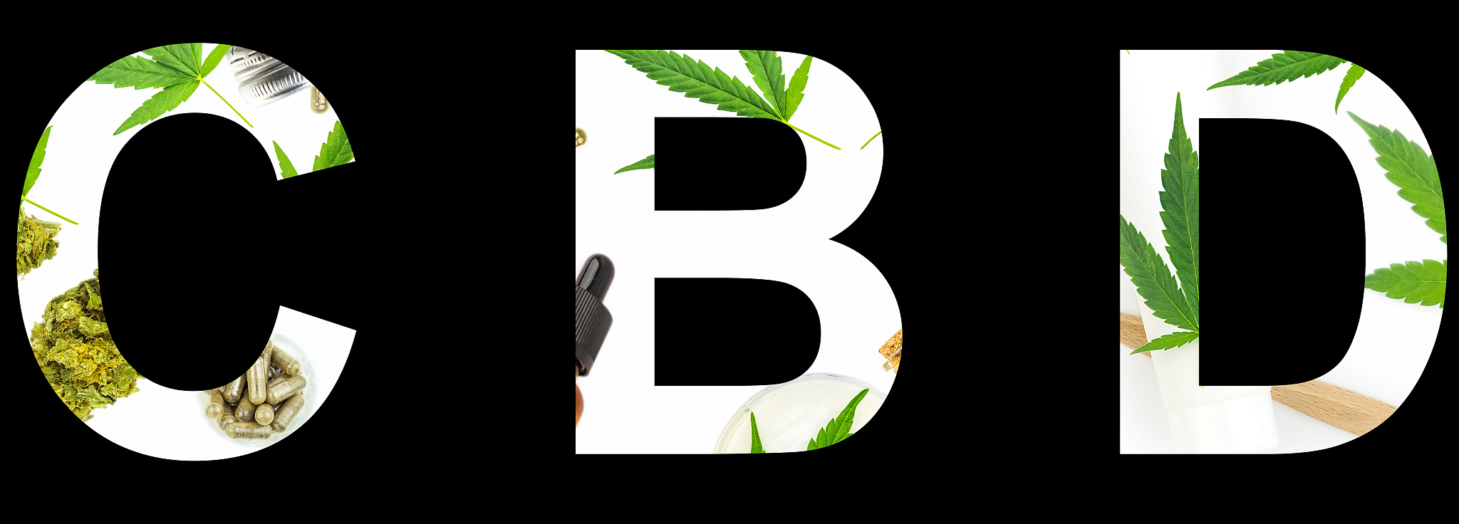 cbd letter word collage in black against various cannabis produc
