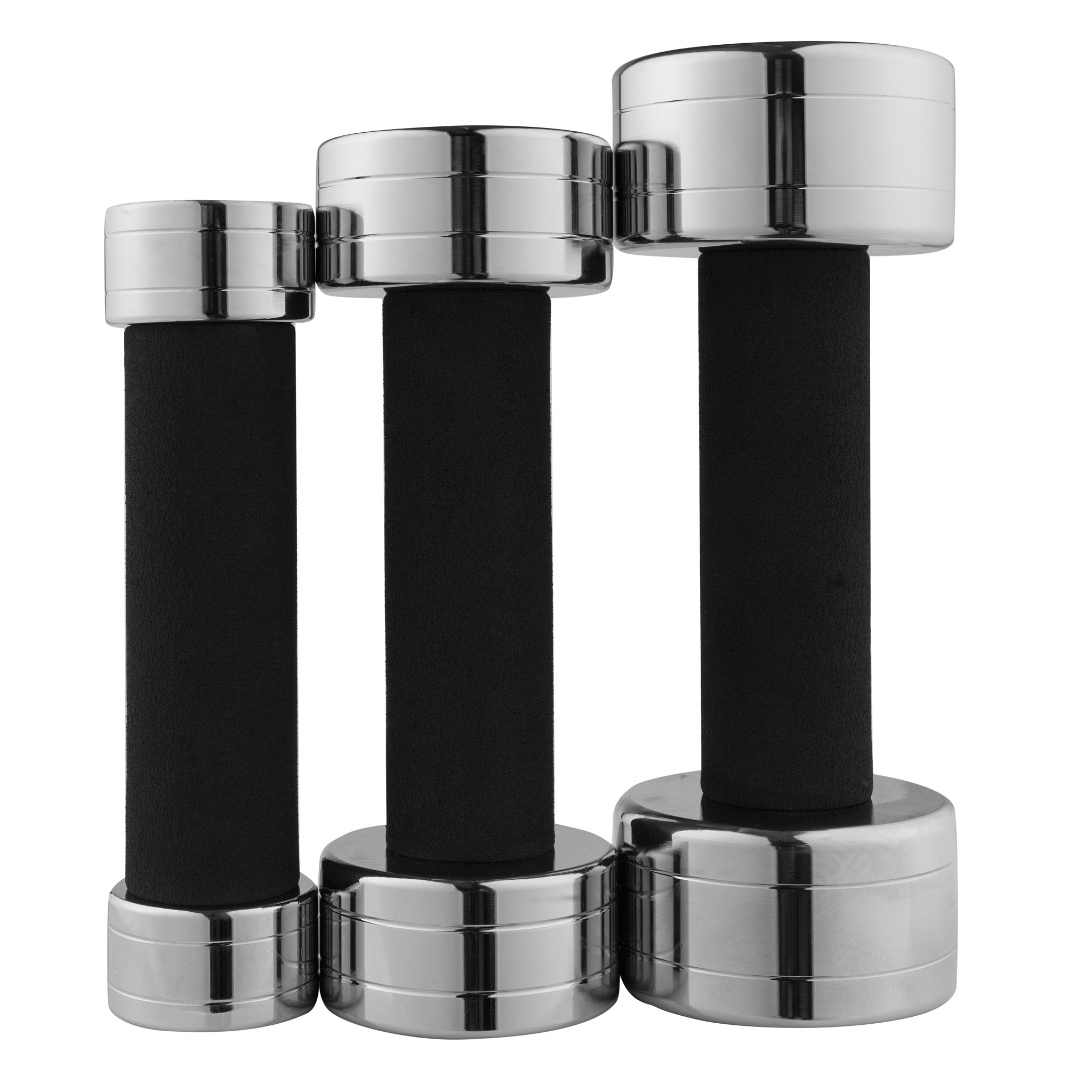 three chrome dumbbells of different weights, with neoprene pads 