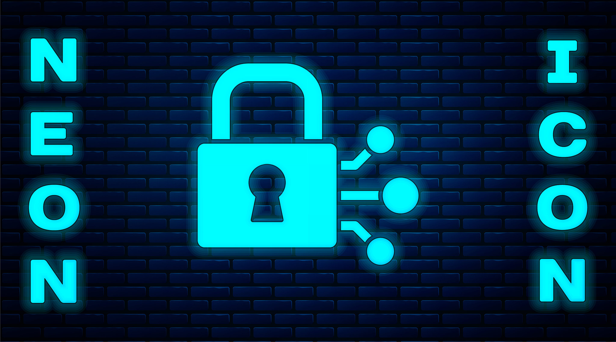 glowing neon lock with bitcoin icon isolated on brick wall backg