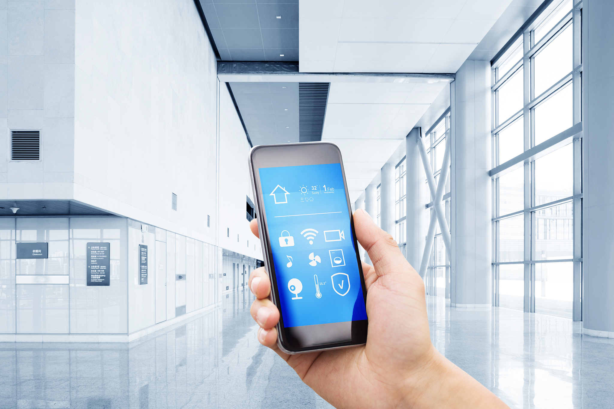 smart phone with smart home with modern hall